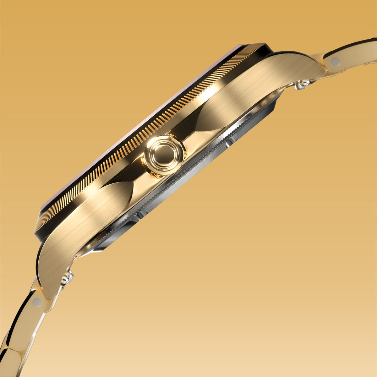 Side profile of the Sunseeker 34mm gold case showing the crown and ray-cut bezel, on a gold metal link bracelet