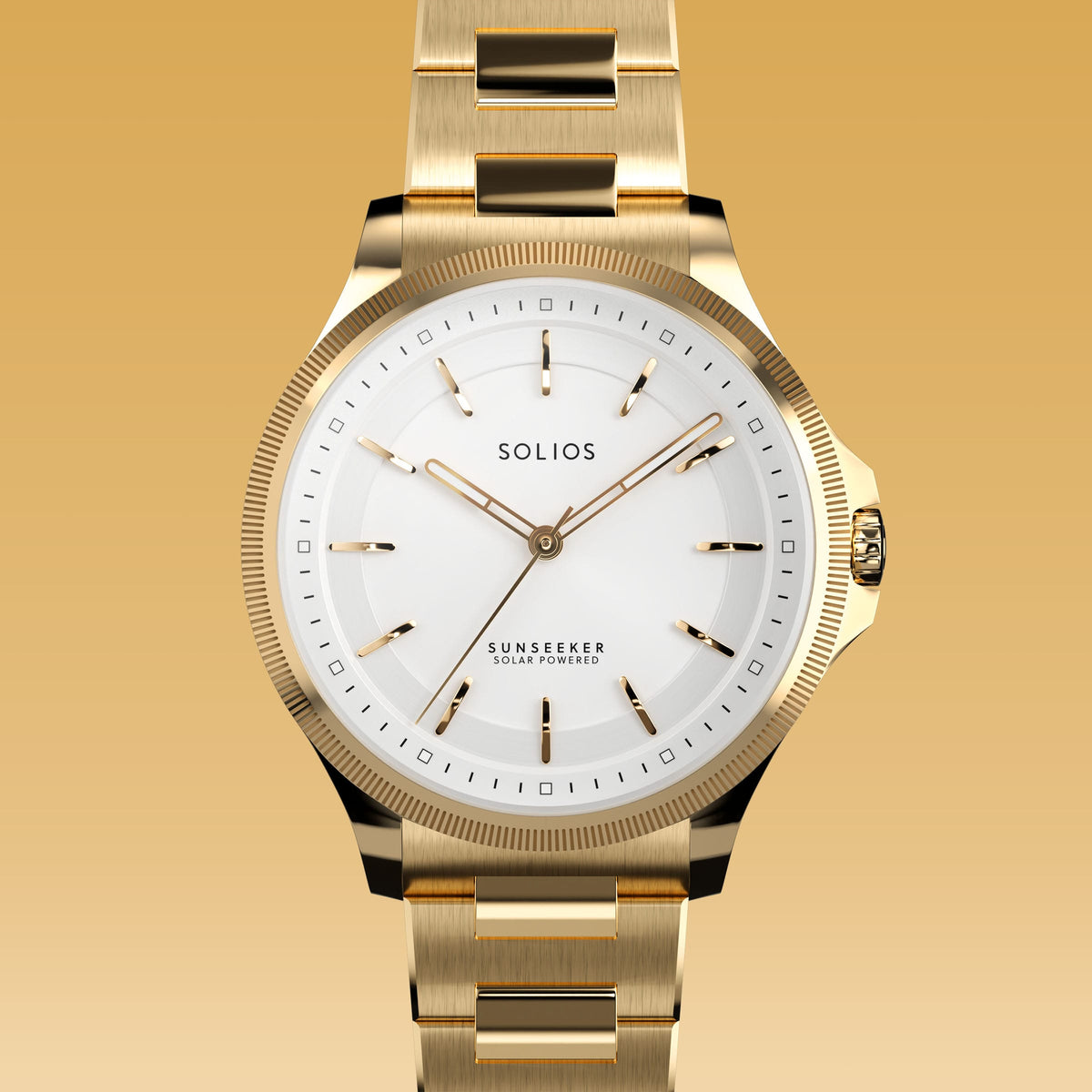 Close front view of the Sunseeker 34mm white dial and gold case on a gold metal link bracelet