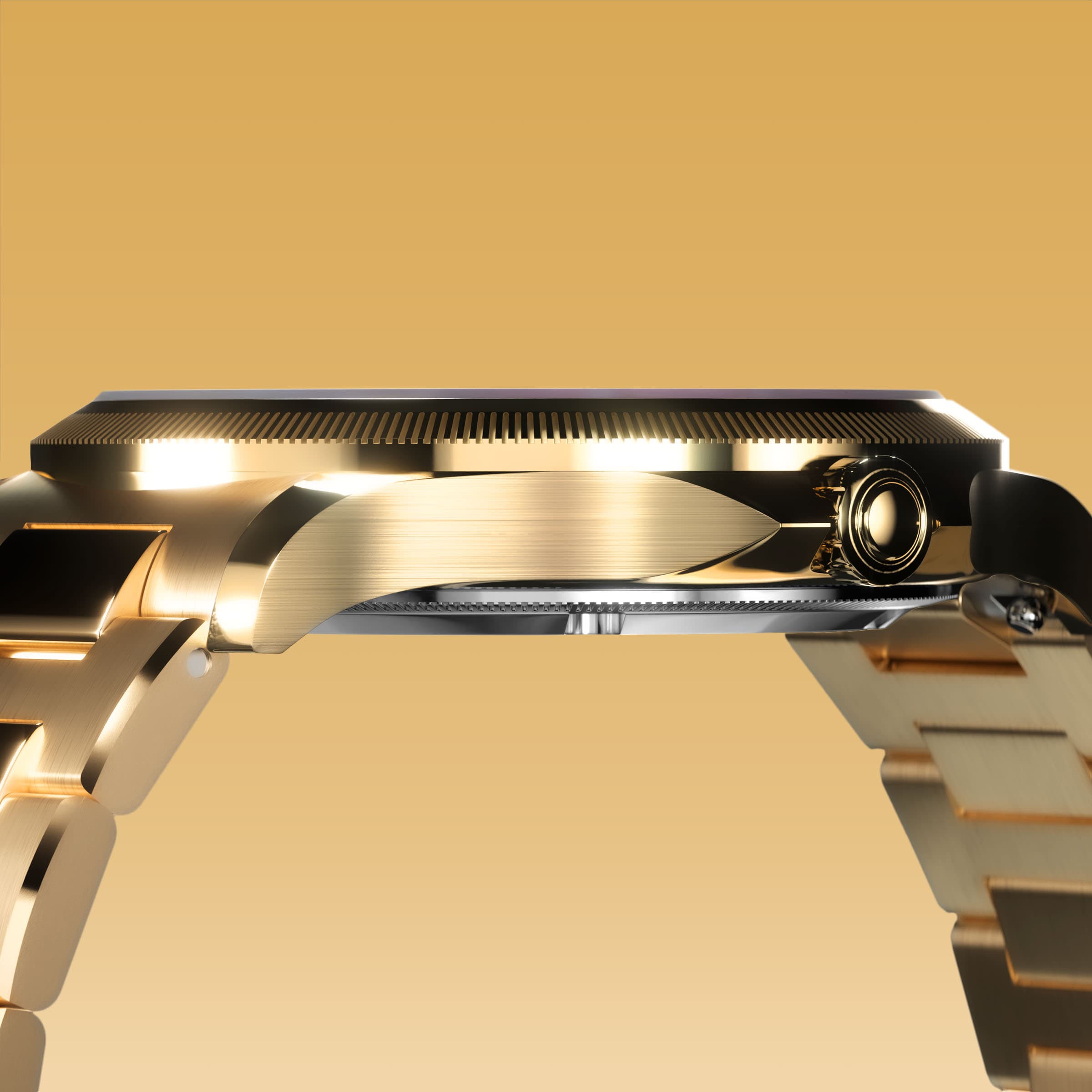 Low-angle view of the Sunseeker 34mm gold case and crown with a gold metal link bracelet