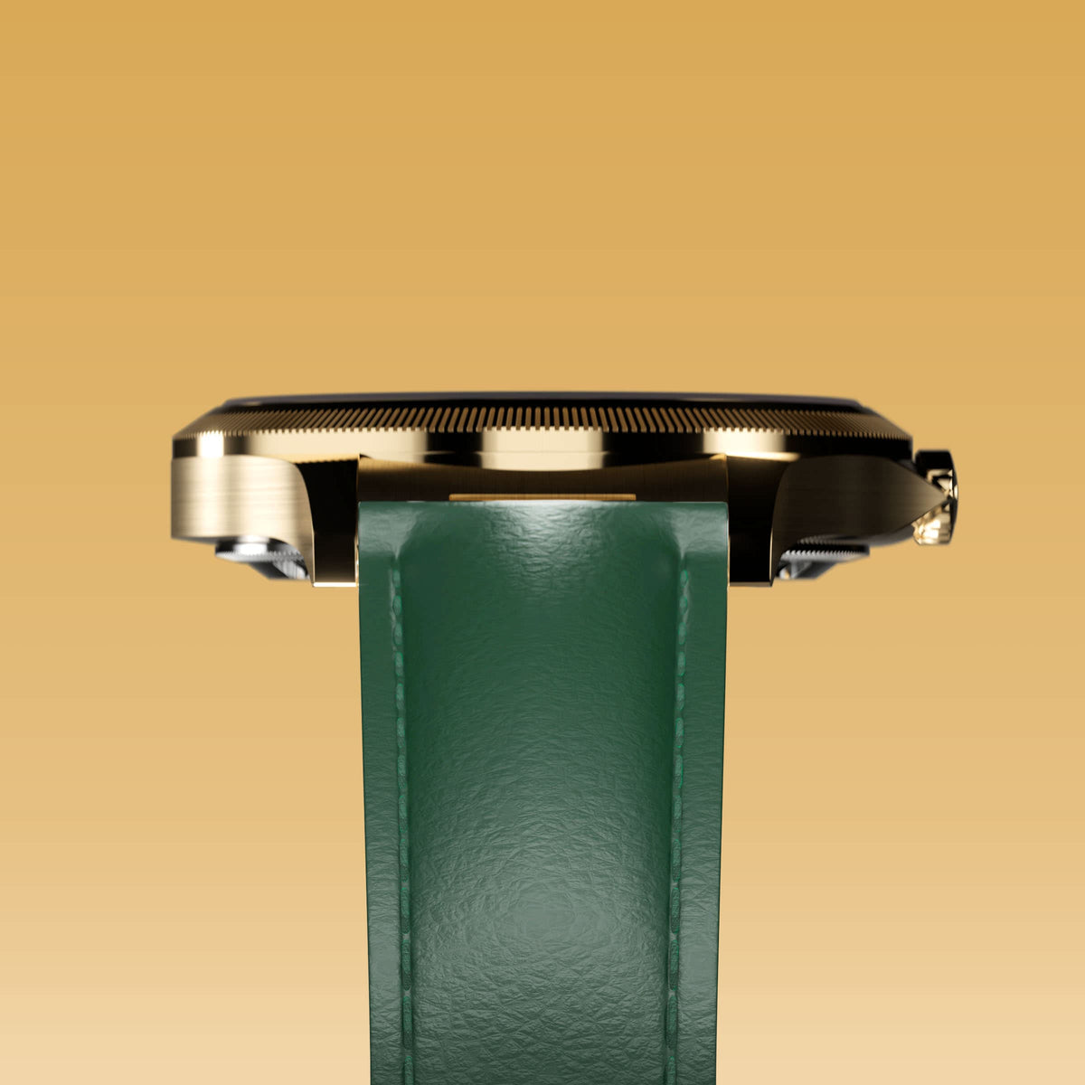 Underside view of the Sunseeker 34mm gold case and the clasp of a green eco vegan leather strap