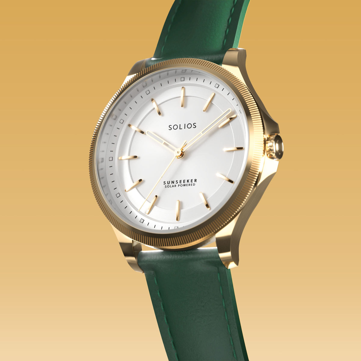 Angled view of the Sunseeker 34mm solar watch, white dial and gold case on a green eco vegan leather strap