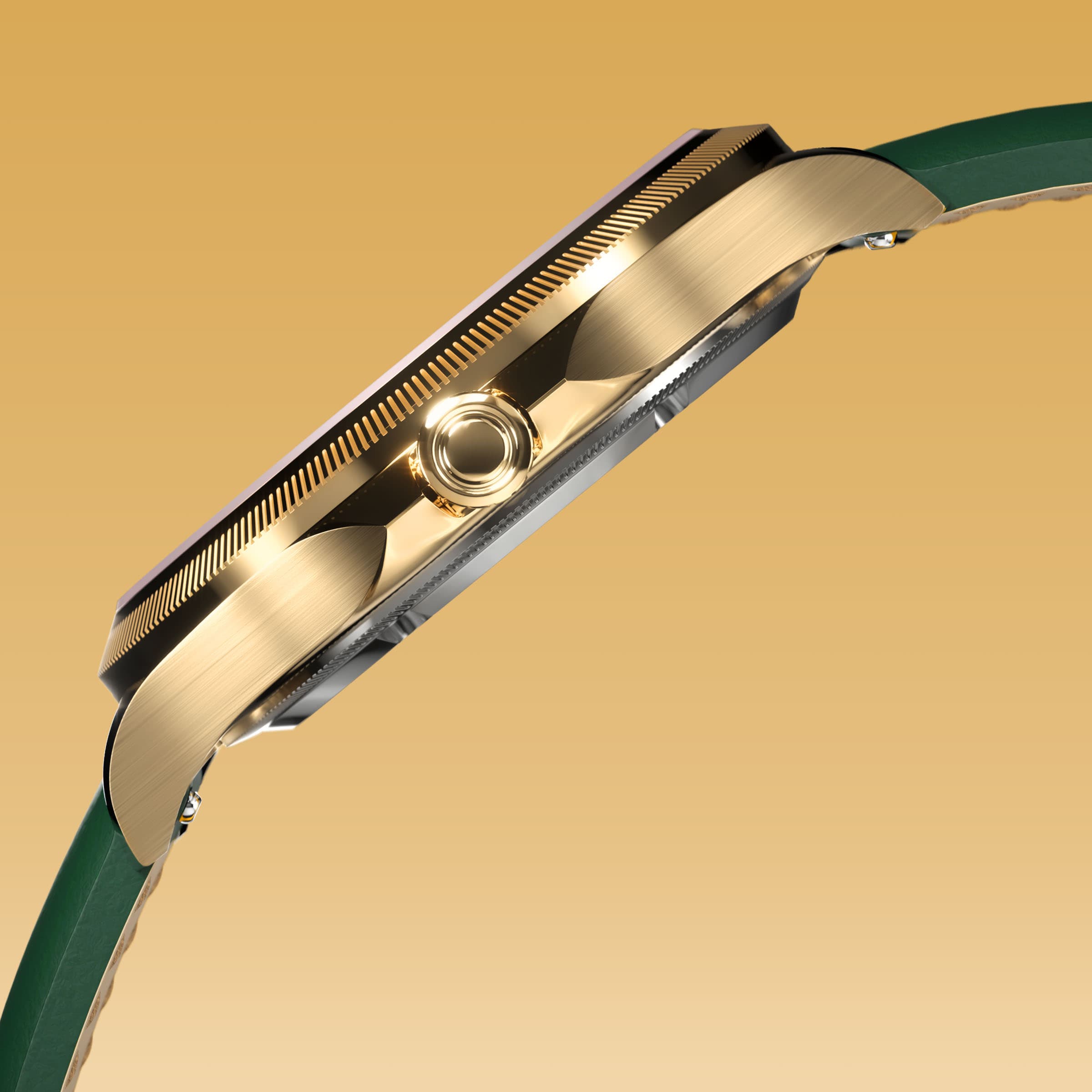 Side profile of the Sunseeker 34mm gold case showing the crown and ray-cut bezel, on a green eco vegan leather strap