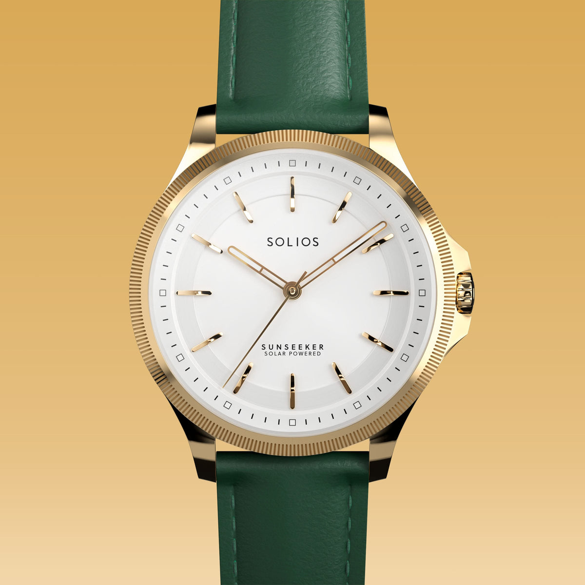 Close front view of the Sunseeker 34mm white dial and gold case on a green eco vegan leather strap