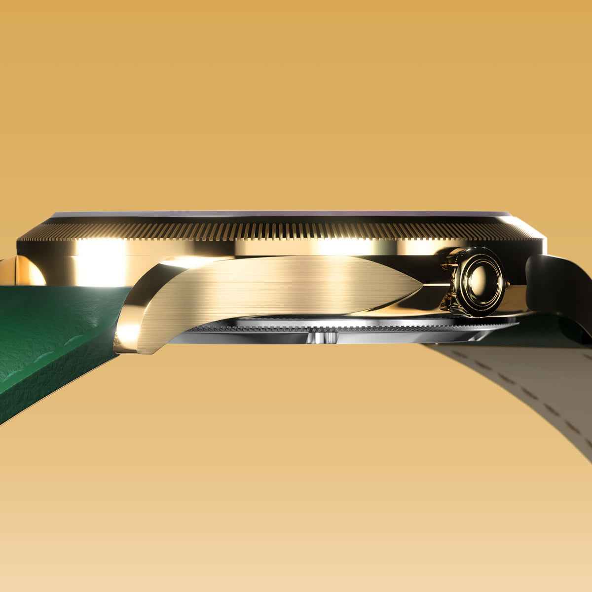 Low-angle view of the Sunseeker 34mm gold case and crown with a green eco vegan leather strap