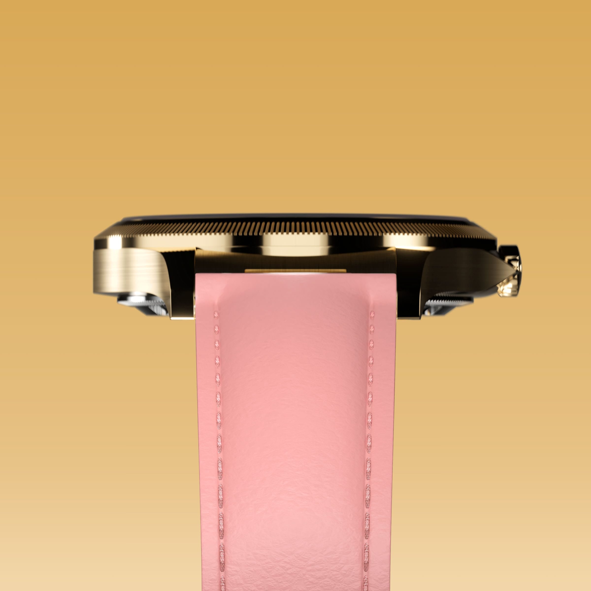 Underside view of the Sunseeker 34mm gold case and the clasp of a pink eco vegan leather strap