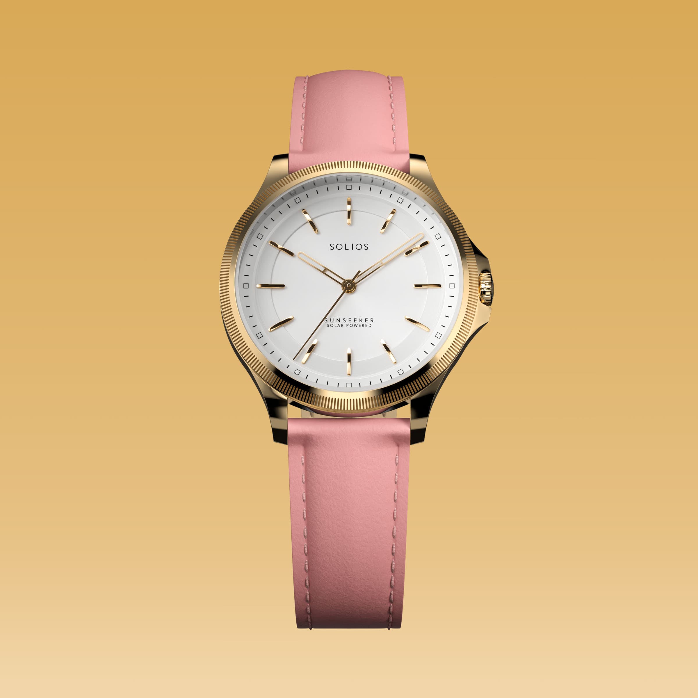 The Sunseeker 34mm solar watch from Solios, front view, white dial in a gold case on a pink eco vegan leather strap