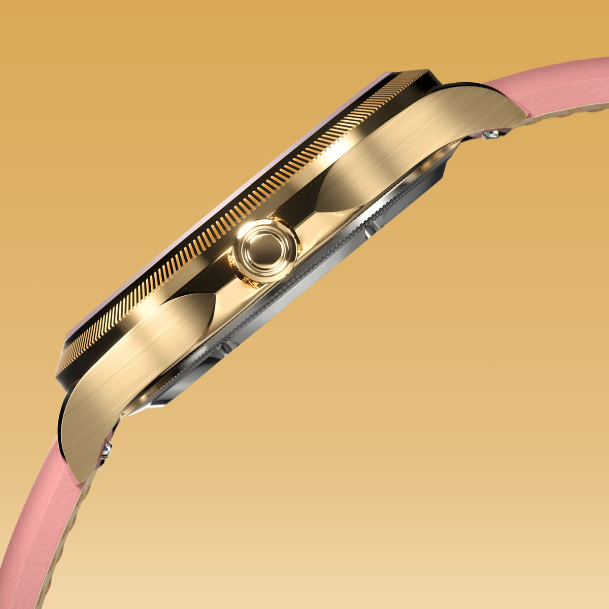Side profile of the Sunseeker 34mm gold case showing the crown and ray-cut bezel, on a pink eco vegan leather strap