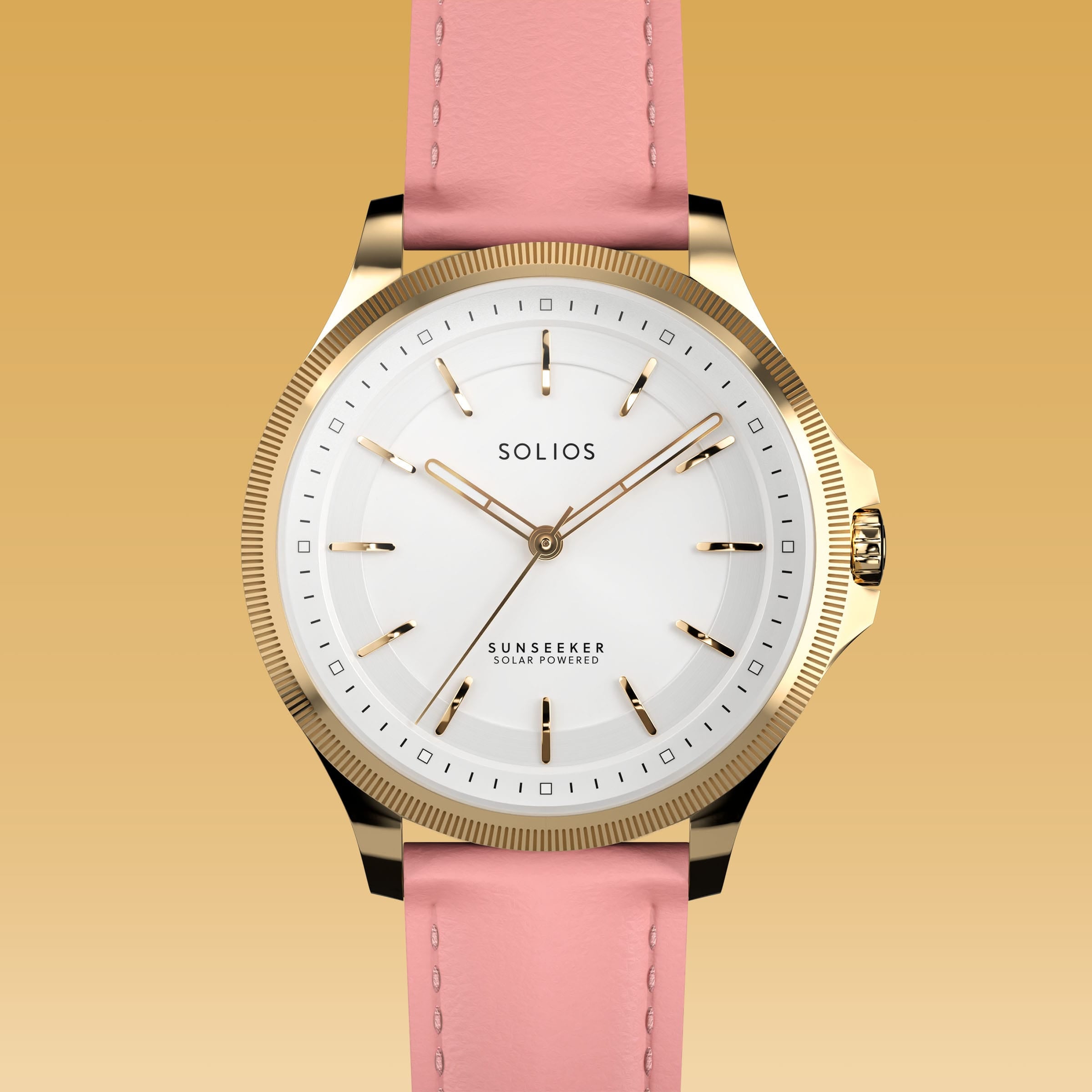 Close front view of the Sunseeker 34mm white dial and gold case on a pink eco vegan leather strap