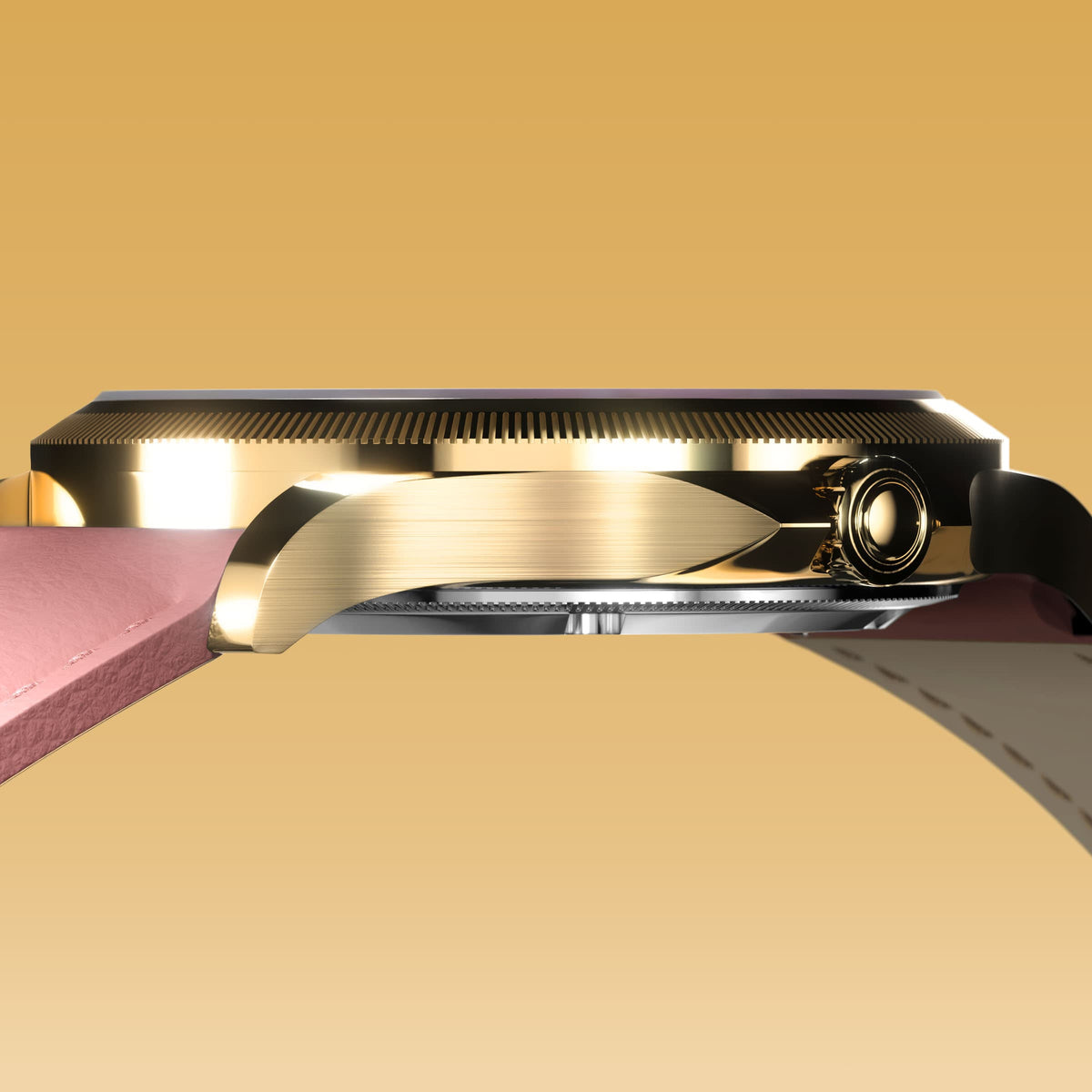 Low-angle view of the Sunseeker 34mm gold case and crown with a pink eco vegan leather strap