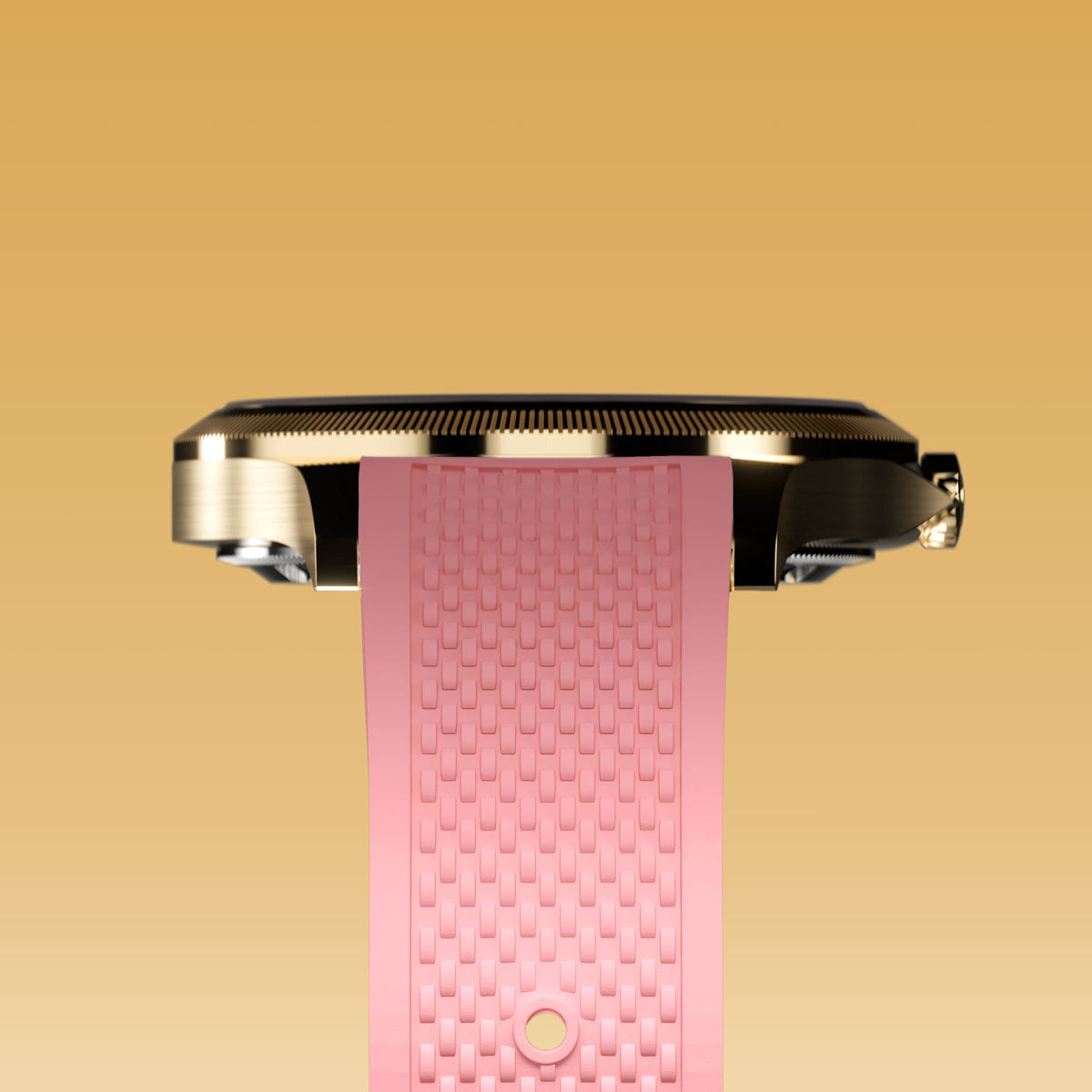 Underside view of the Sunseeker 34mm gold case and the clasp of a pink natural rubber strap