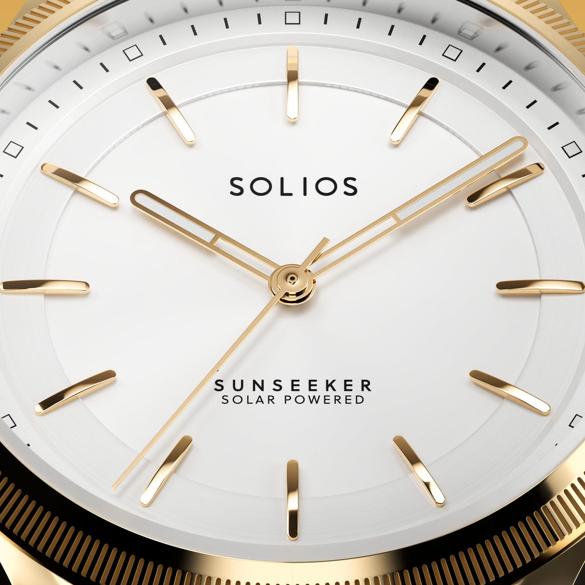 Macro of the Solios Sunseeker white dial with luminous floating indices and ray-cut bezel edge