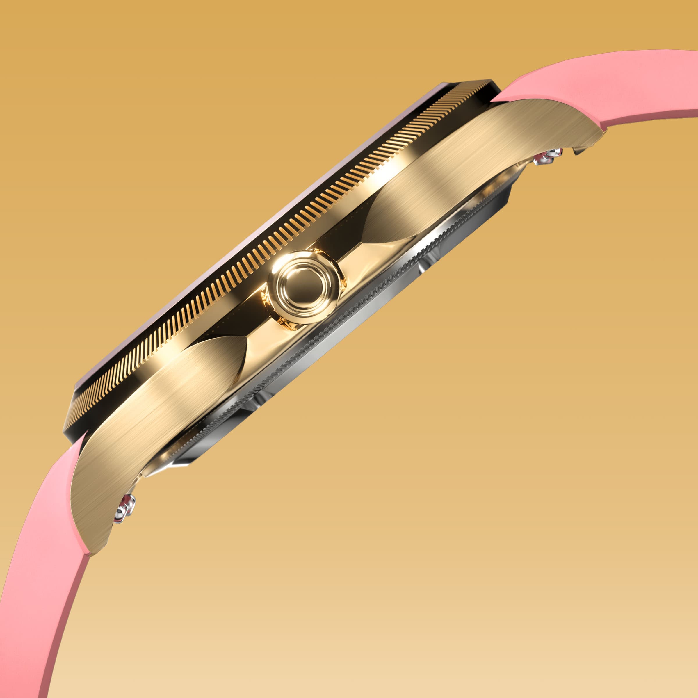 Side profile of the Sunseeker 34mm gold case showing the crown and ray-cut bezel, on a pink natural rubber strap