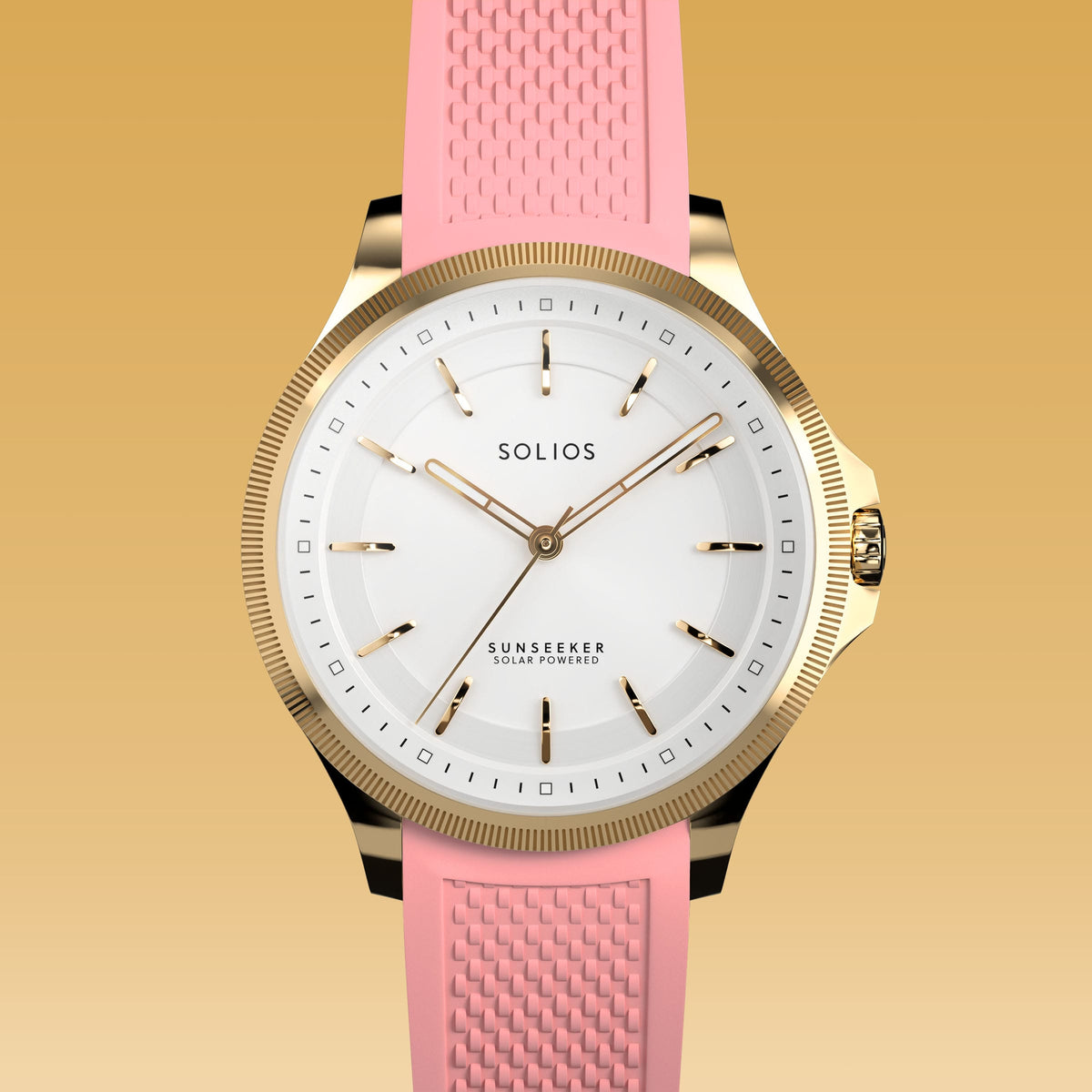 Close front view of the Sunseeker 34mm white dial and gold case on a pink natural rubber strap