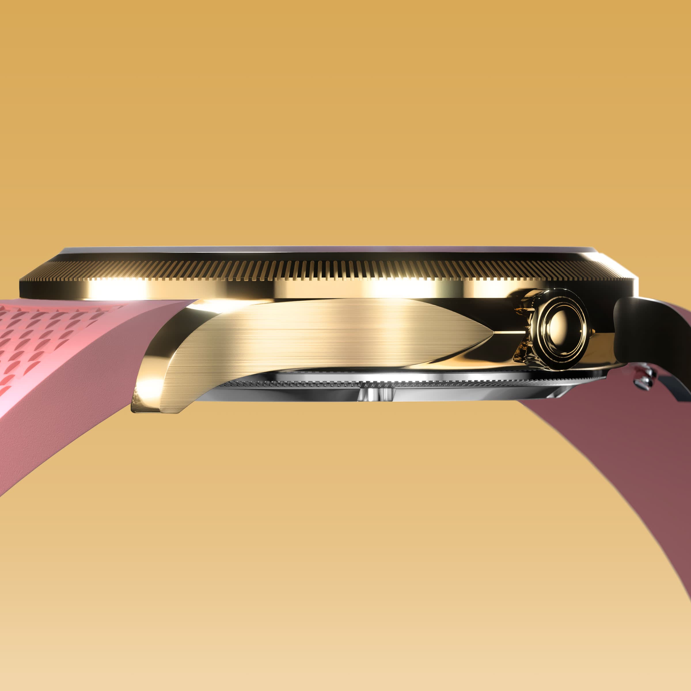 Low-angle view of the Sunseeker 34mm gold case and crown with a pink natural rubber strap
