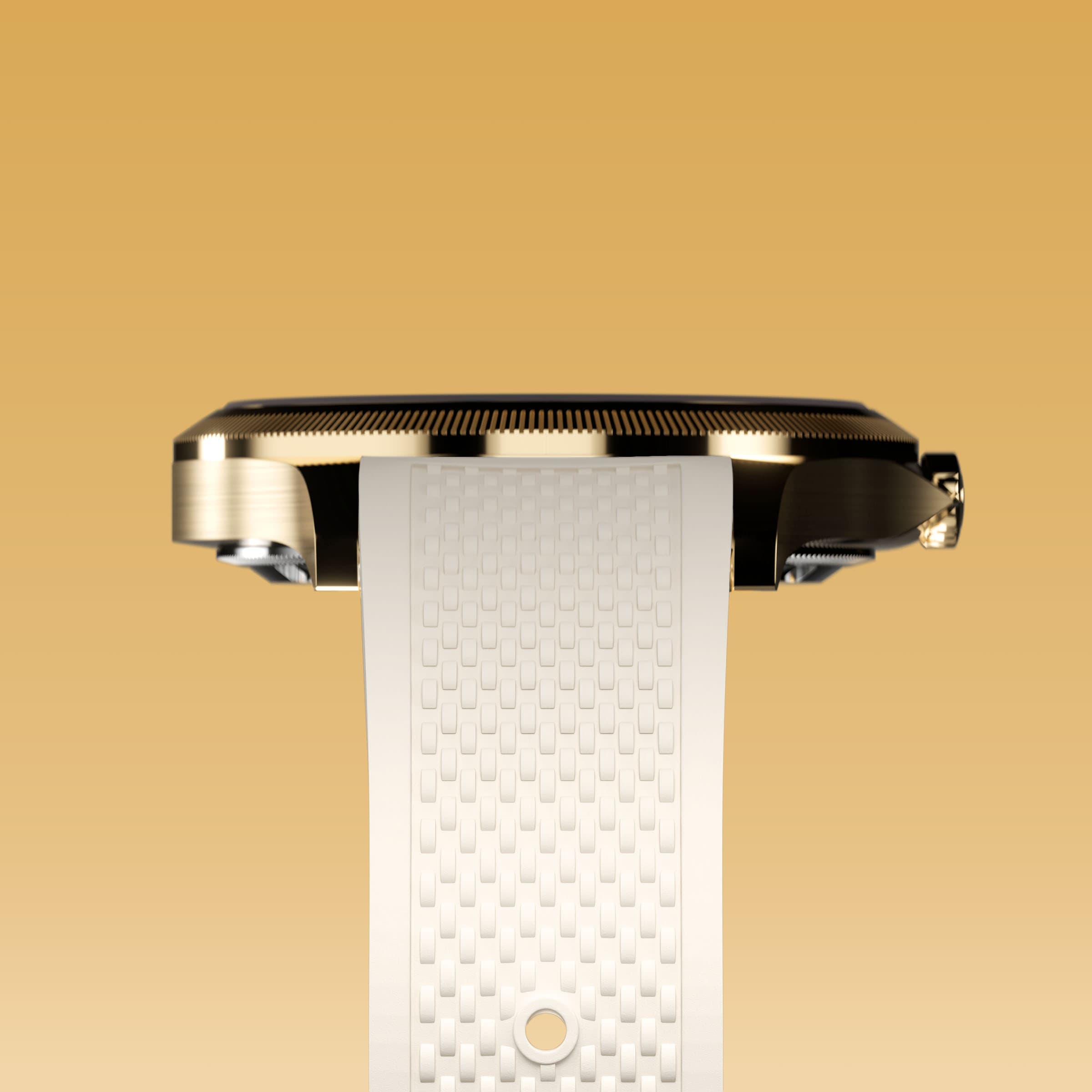 Underside view of the Sunseeker 34mm gold case and the clasp of a white natural rubber strap