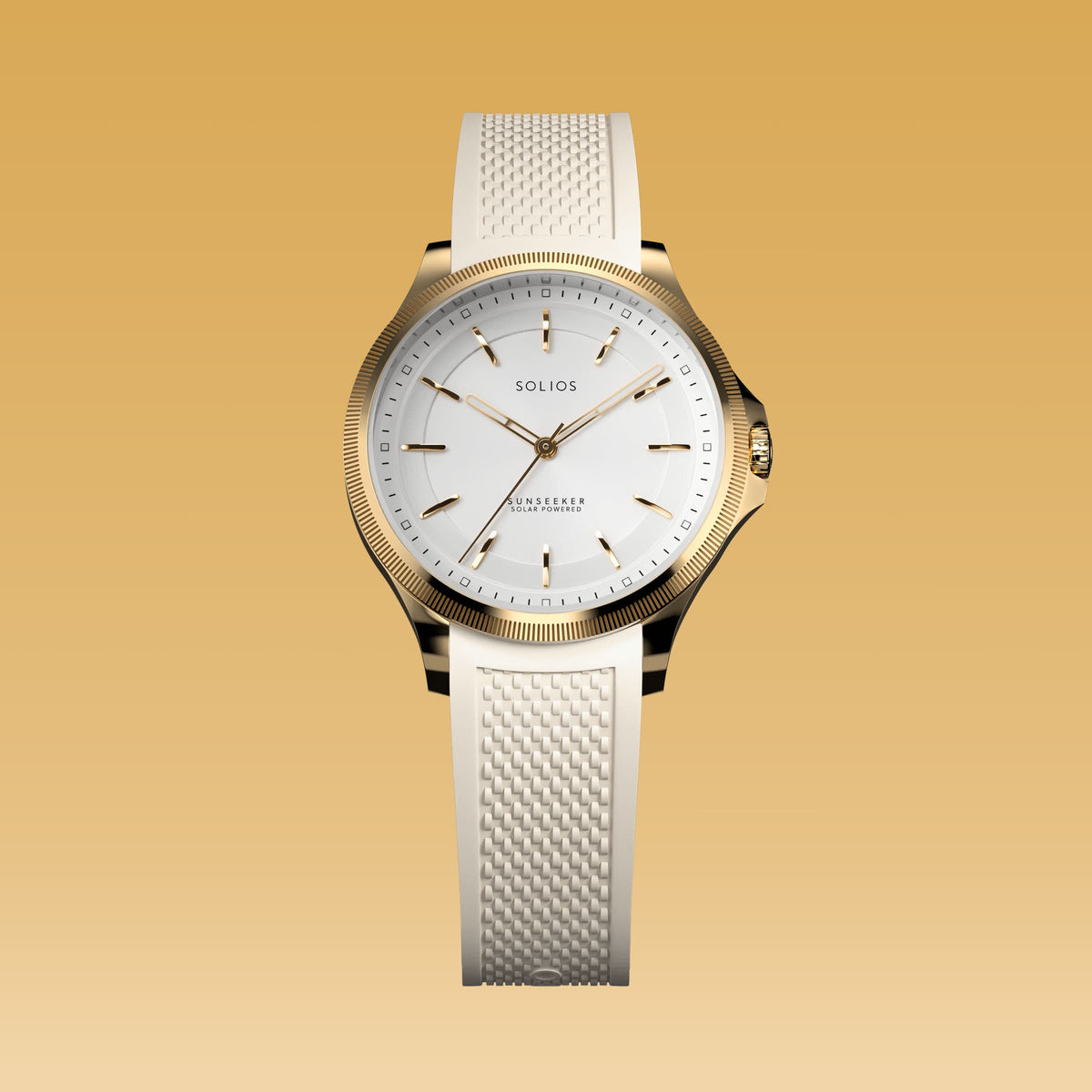The Sunseeker 34mm solar watch from Solios, front view, white dial in a gold case on a white natural rubber strap
