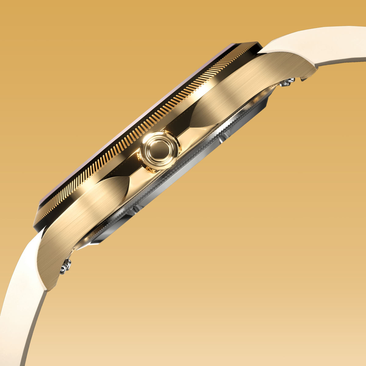 Side profile of the Sunseeker 34mm gold case showing the crown and ray-cut bezel, on a white natural rubber strap