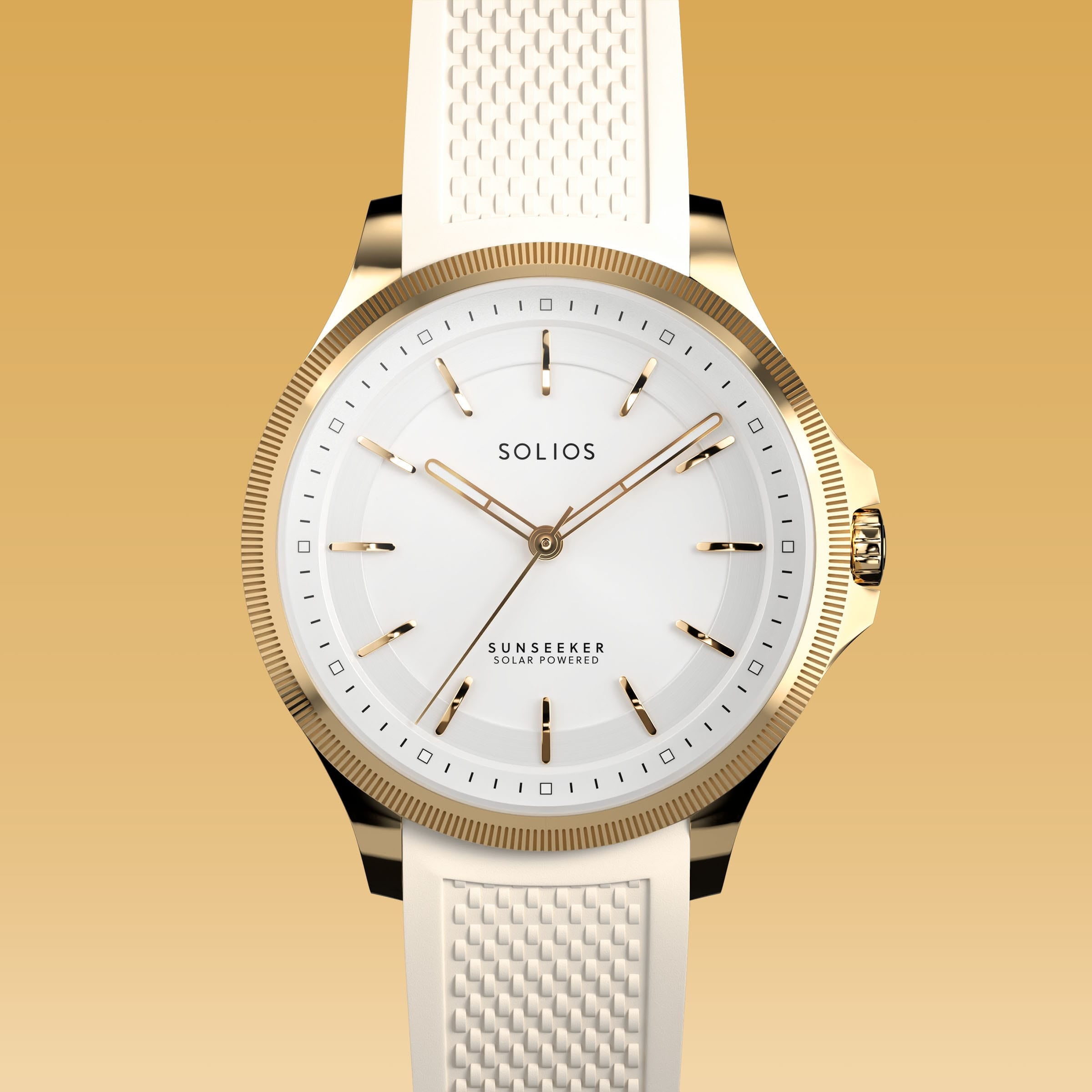 Close front view of the Sunseeker 34mm white dial and gold case on a white natural rubber strap