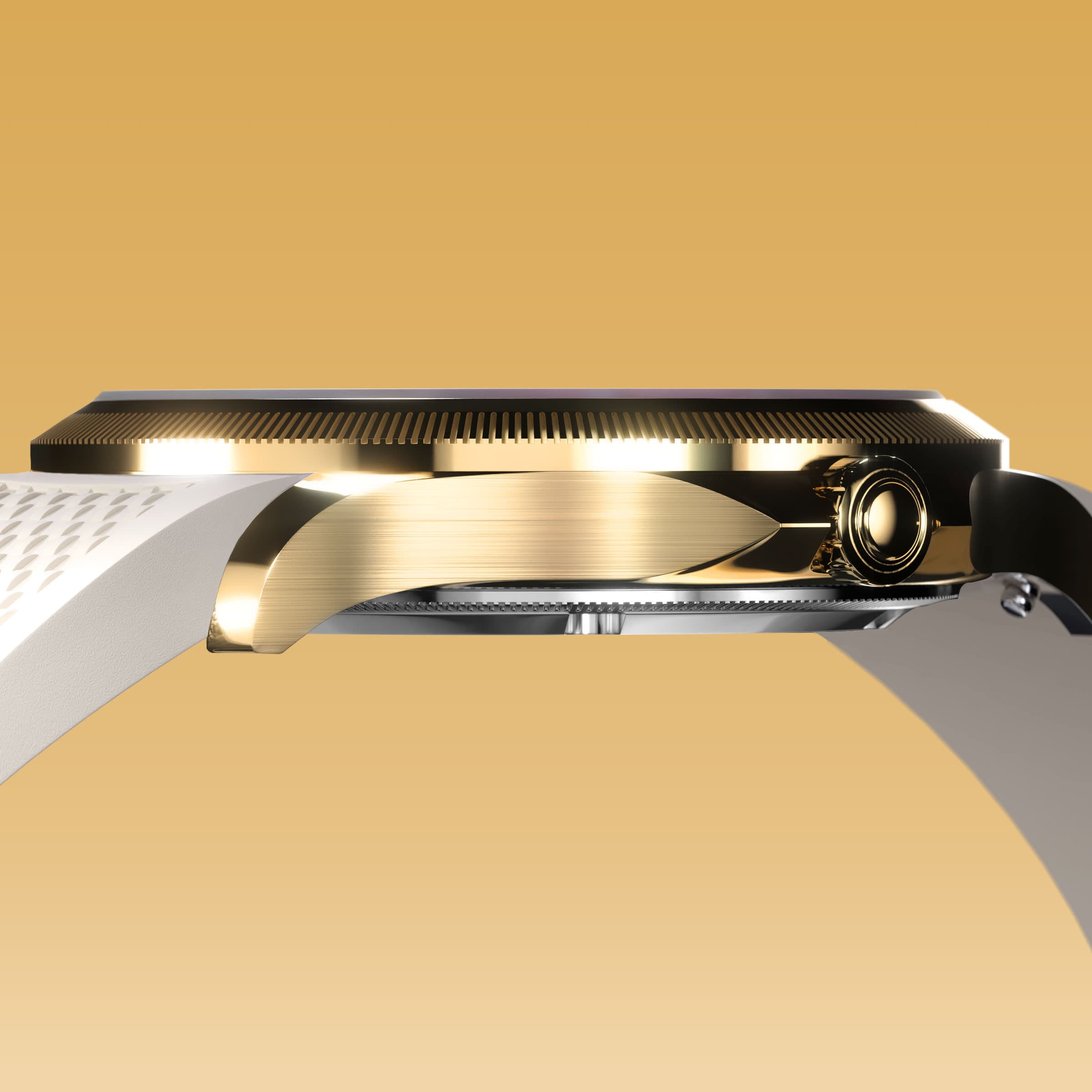 Low-angle view of the Sunseeker 34mm gold case and crown with a white natural rubber strap