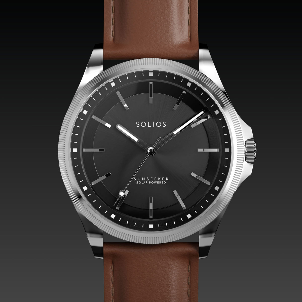 Close front view of the Sunseeker 40mm black dial and silver case on a brown eco vegan leather strap