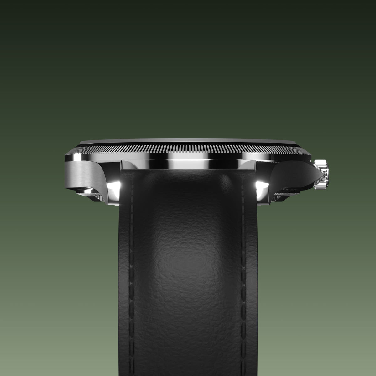 Underside view of the Sunseeker 40mm silver case and the clasp of a black eco vegan leather strap