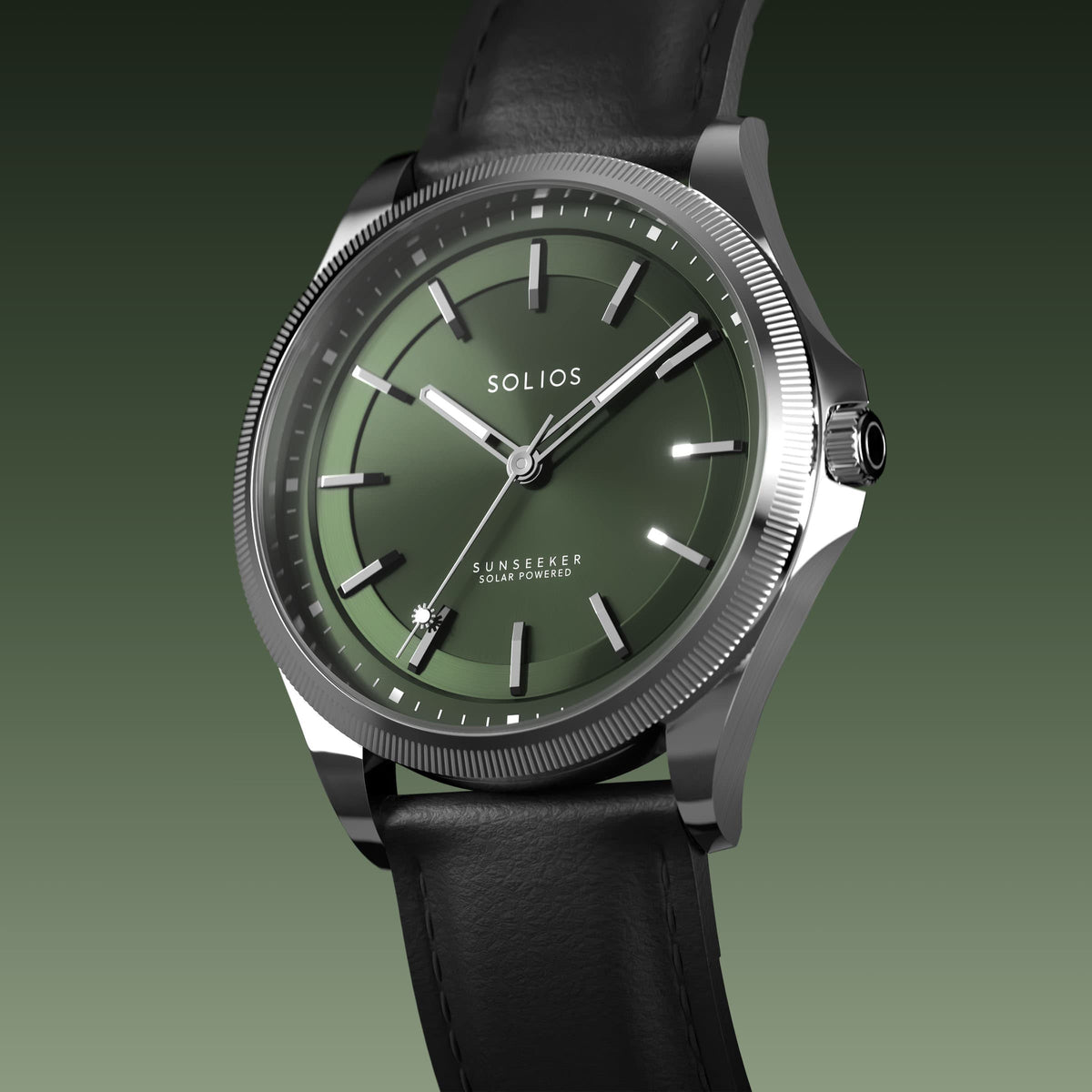 Angled view of the Sunseeker 40mm solar watch, green dial and silver case on a black eco vegan leather strap