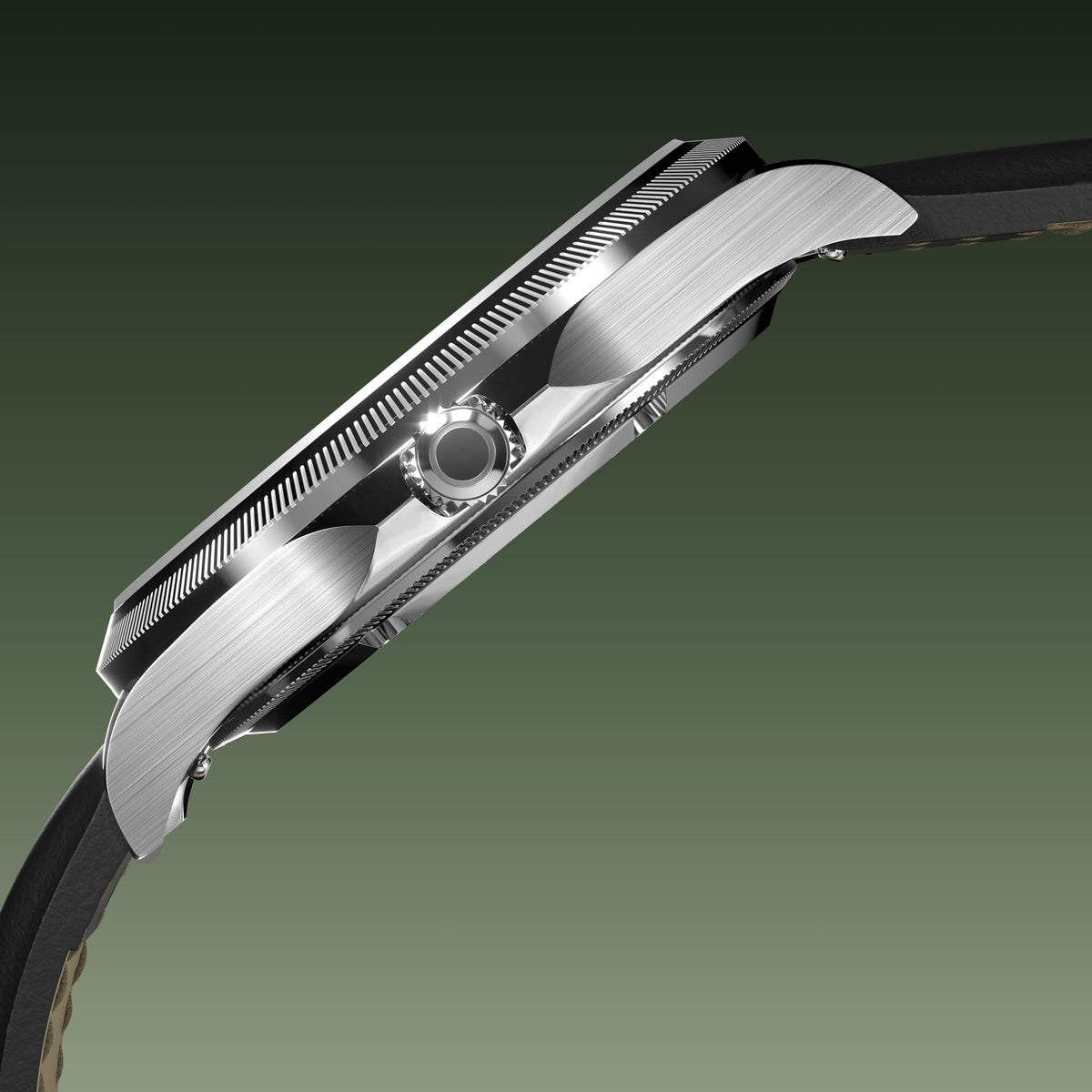 Side profile of the Sunseeker 40mm silver case showing the crown and ray-cut bezel, on a black eco vegan leather strap