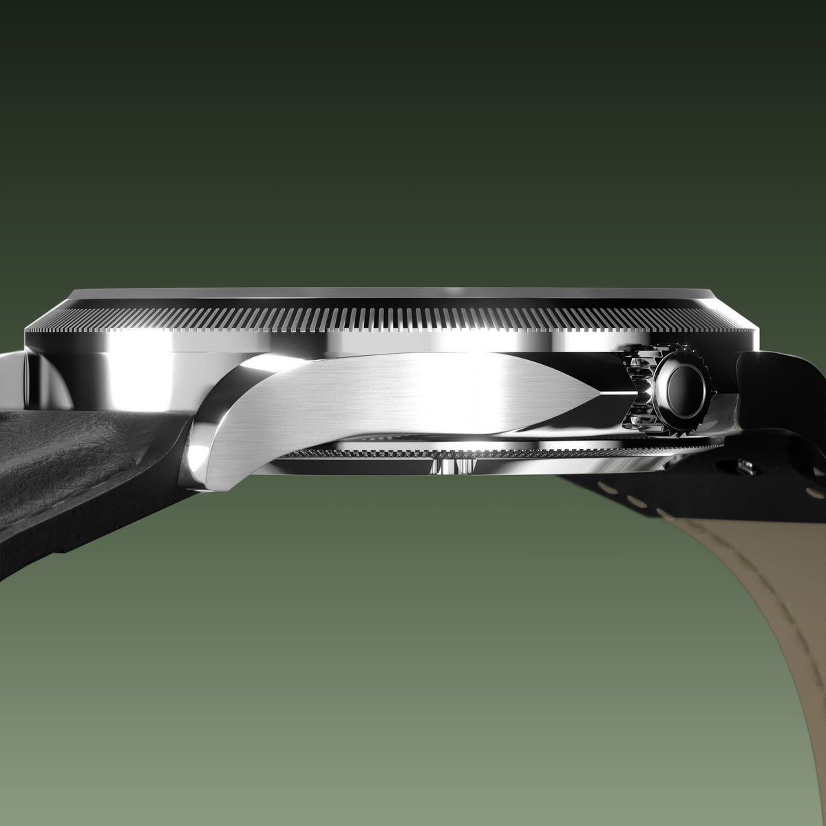 Low-angle view of the Sunseeker 40mm silver case and crown with a black eco vegan leather strap