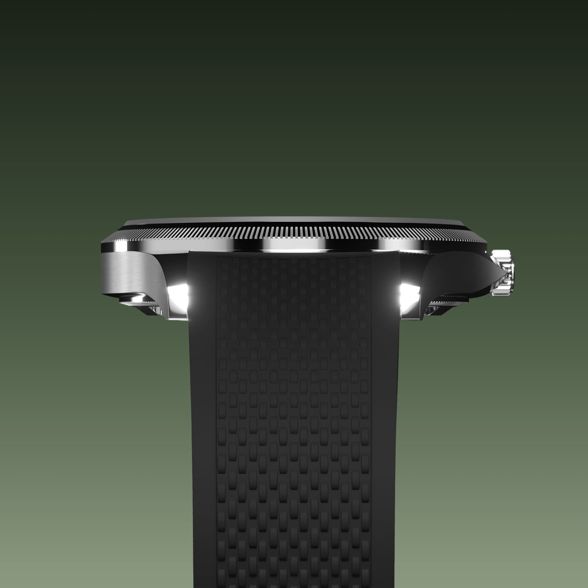 Underside view of the Sunseeker 40mm silver case and the clasp of a black natural rubber strap