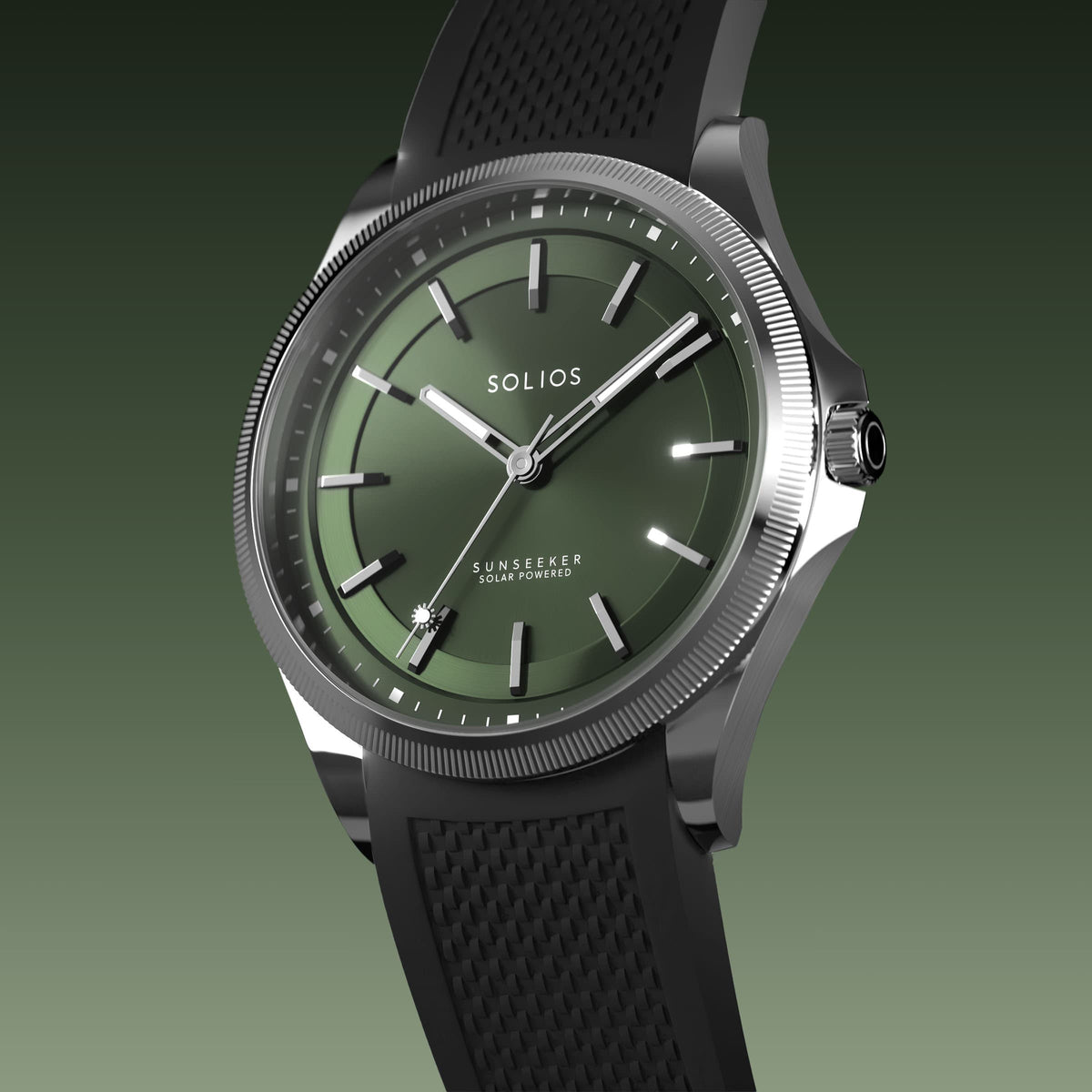 Angled view of the Sunseeker 40mm solar watch, green dial and silver case on a black natural rubber strap