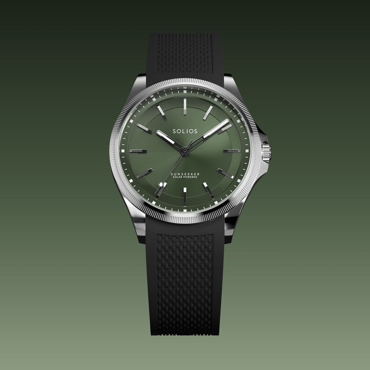 The Sunseeker 40mm solar watch from Solios, front view, green dial in a silver case on a black natural rubber strap