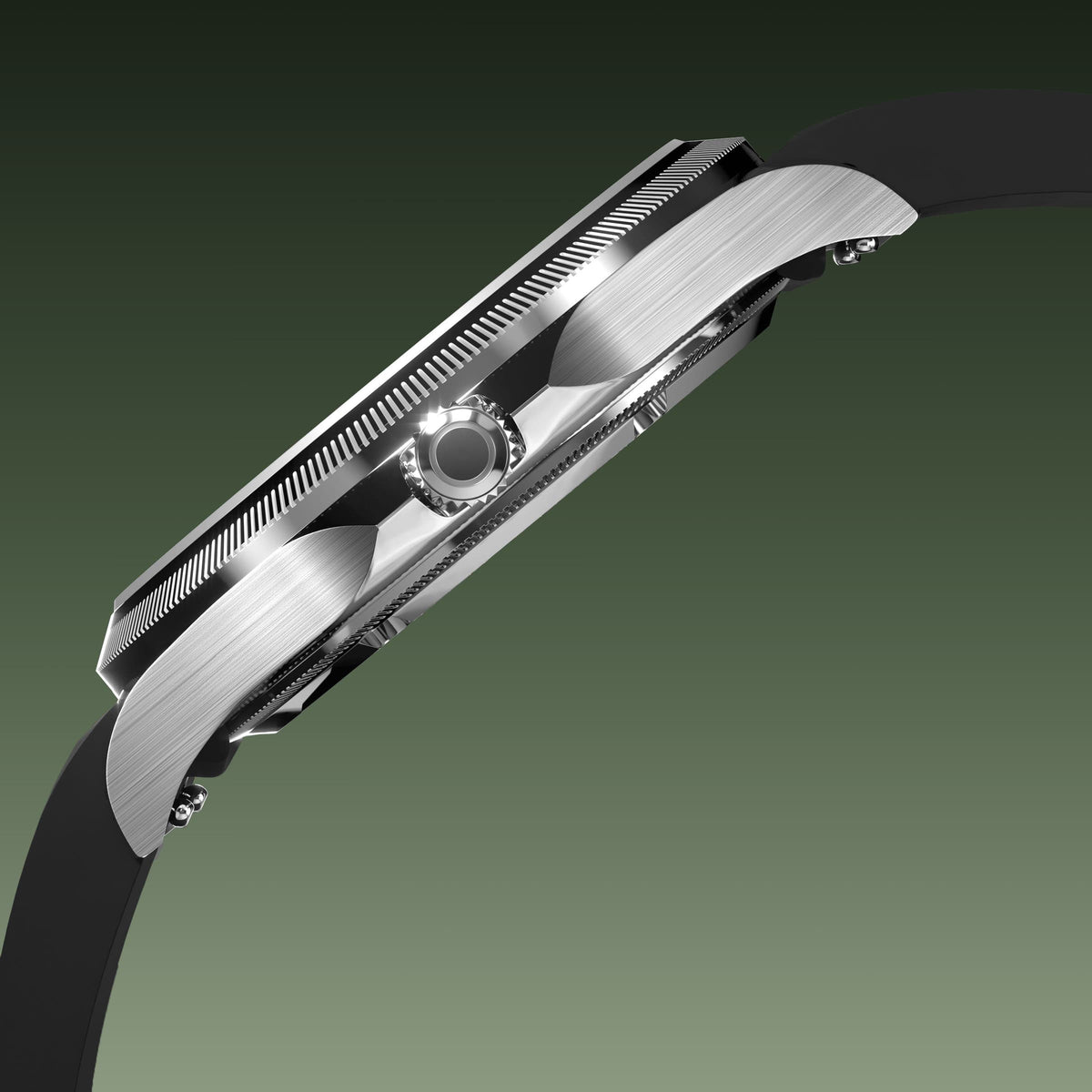 Side profile of the Sunseeker 40mm silver case showing the crown and ray-cut bezel, on a black natural rubber strap
