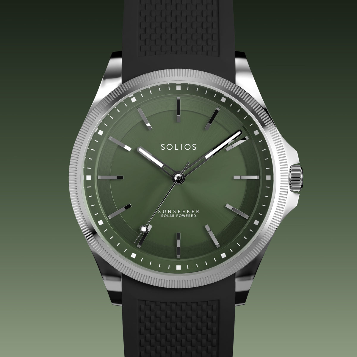 Close front view of the Sunseeker 40mm green dial and silver case on a black natural rubber strap