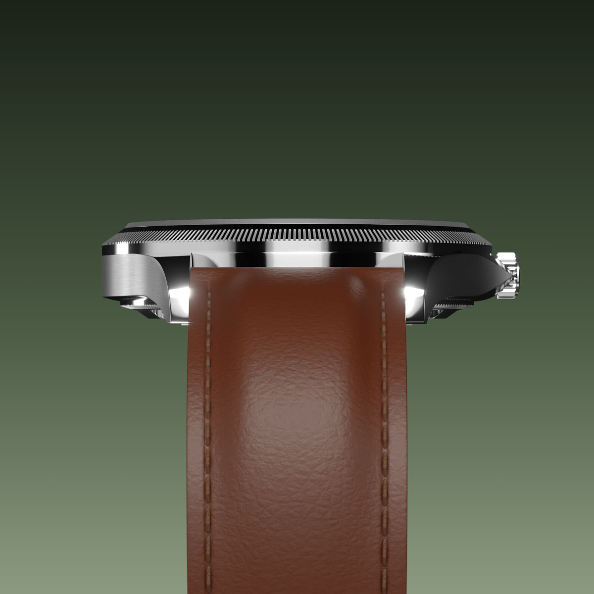 Underside view of the Sunseeker 40mm silver case and the clasp of a brown eco vegan leather strap