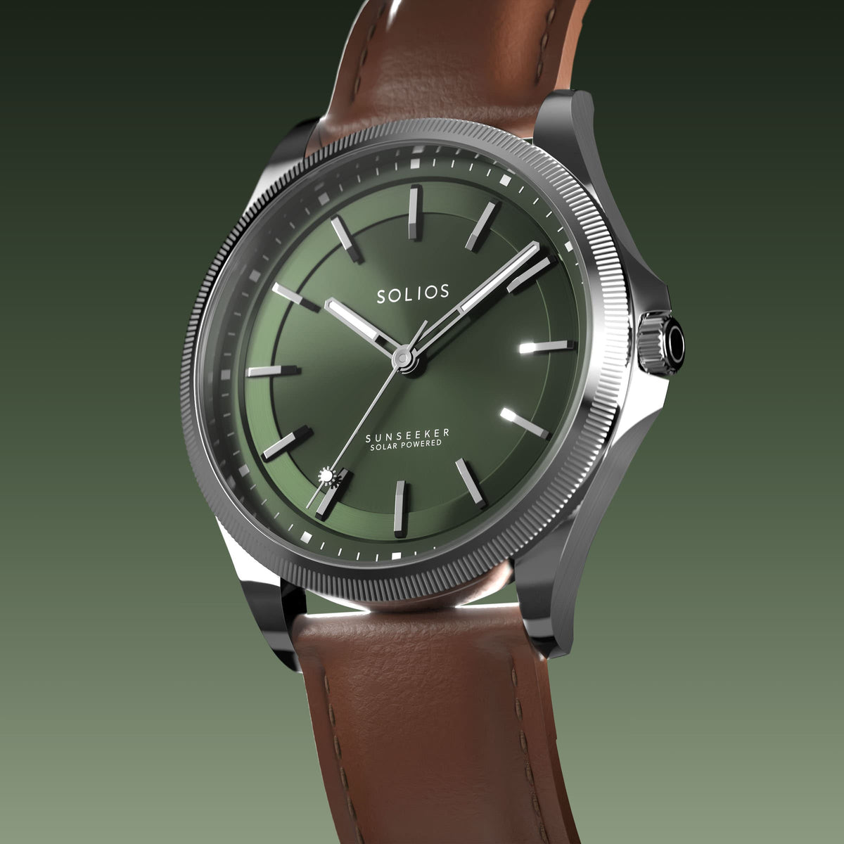 Angled view of the Sunseeker 40mm solar watch, green dial and silver case on a brown eco vegan leather strap