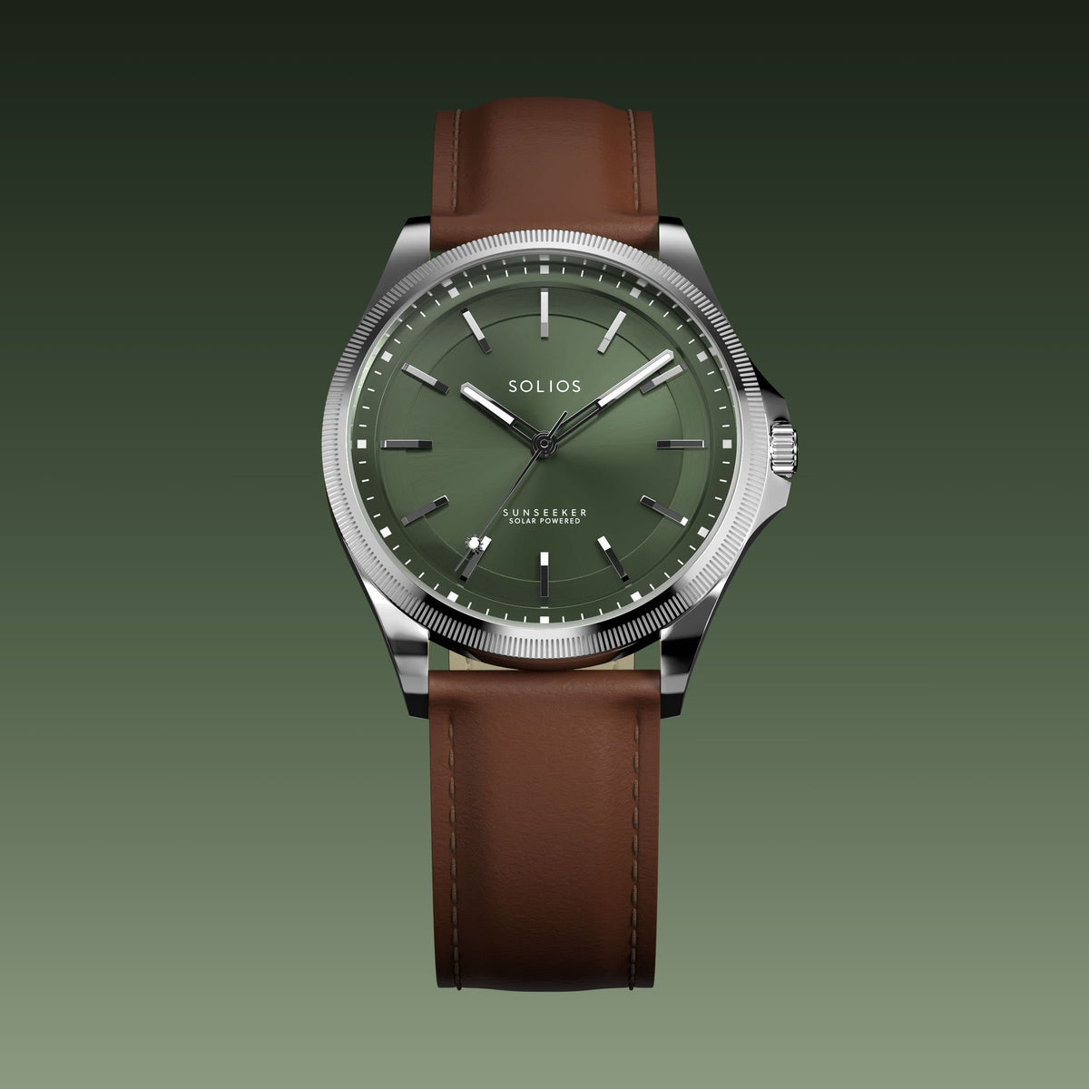 The Sunseeker 40mm solar watch from Solios, front view, green dial in a silver case on a brown eco vegan leather strap