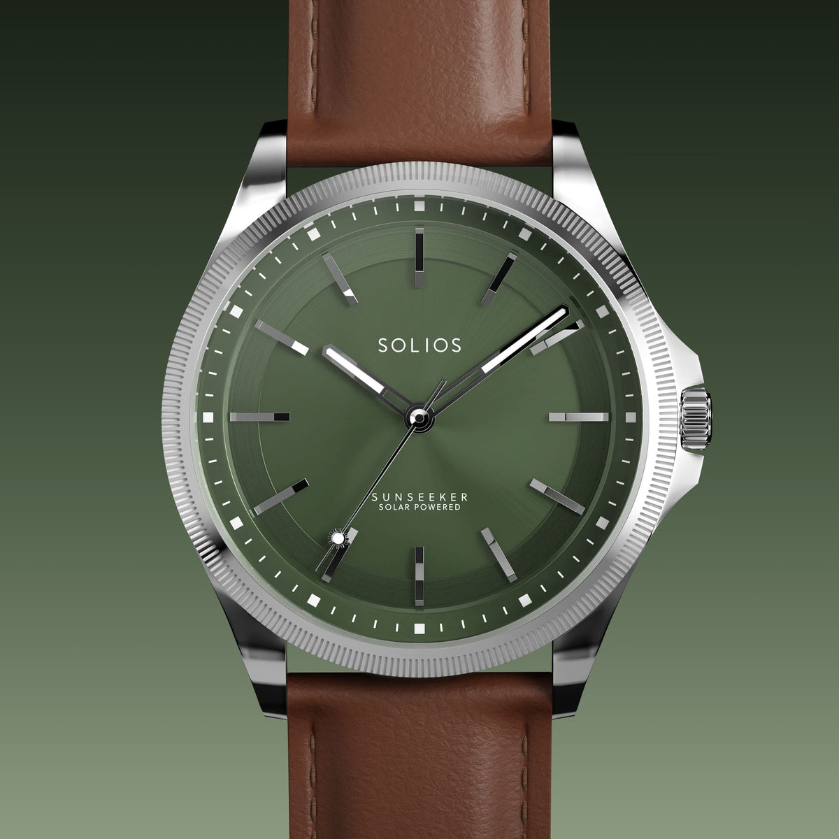 Close front view of the Sunseeker 40mm green dial and silver case on a brown eco vegan leather strap