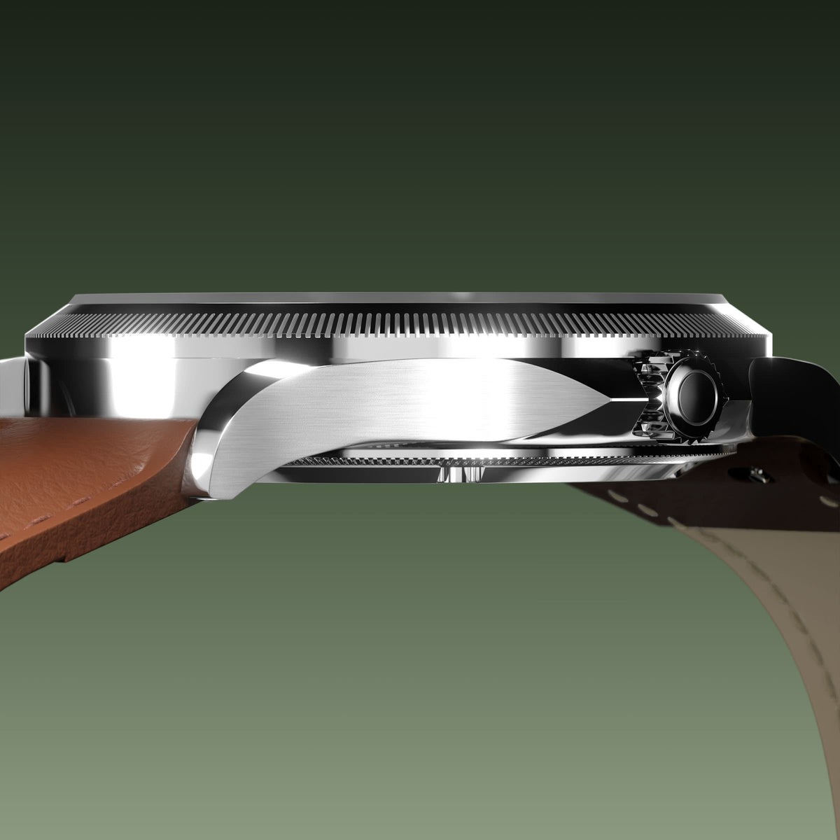 Low-angle view of the Sunseeker 40mm silver case and crown with a brown eco vegan leather strap