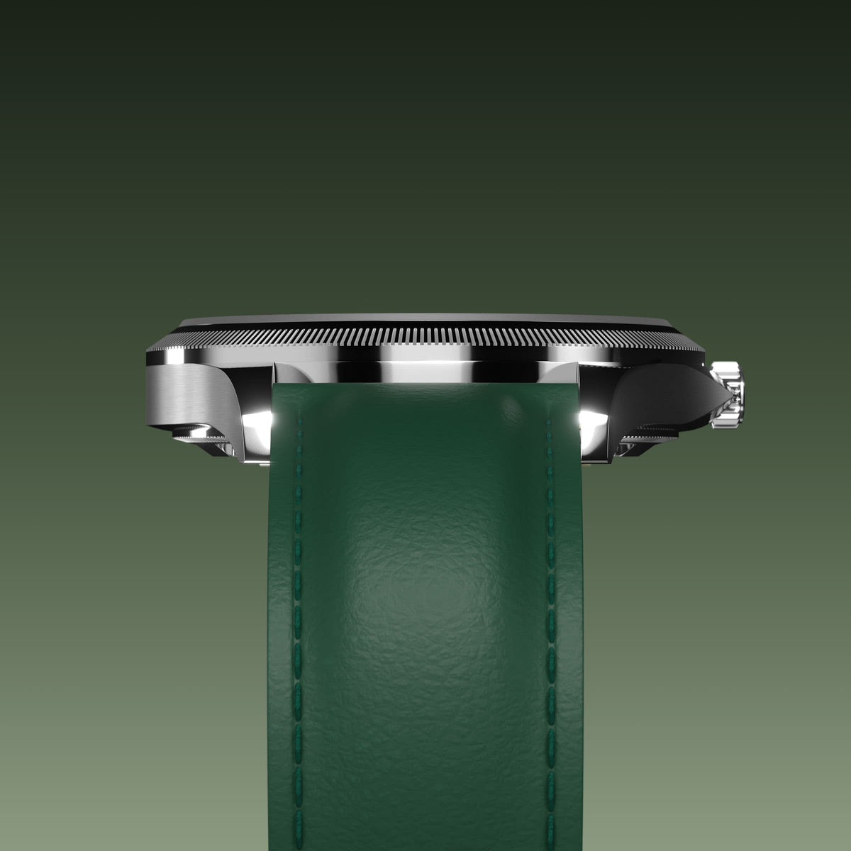 Underside view of the Sunseeker 40mm silver case and the clasp of a green eco vegan leather strap
