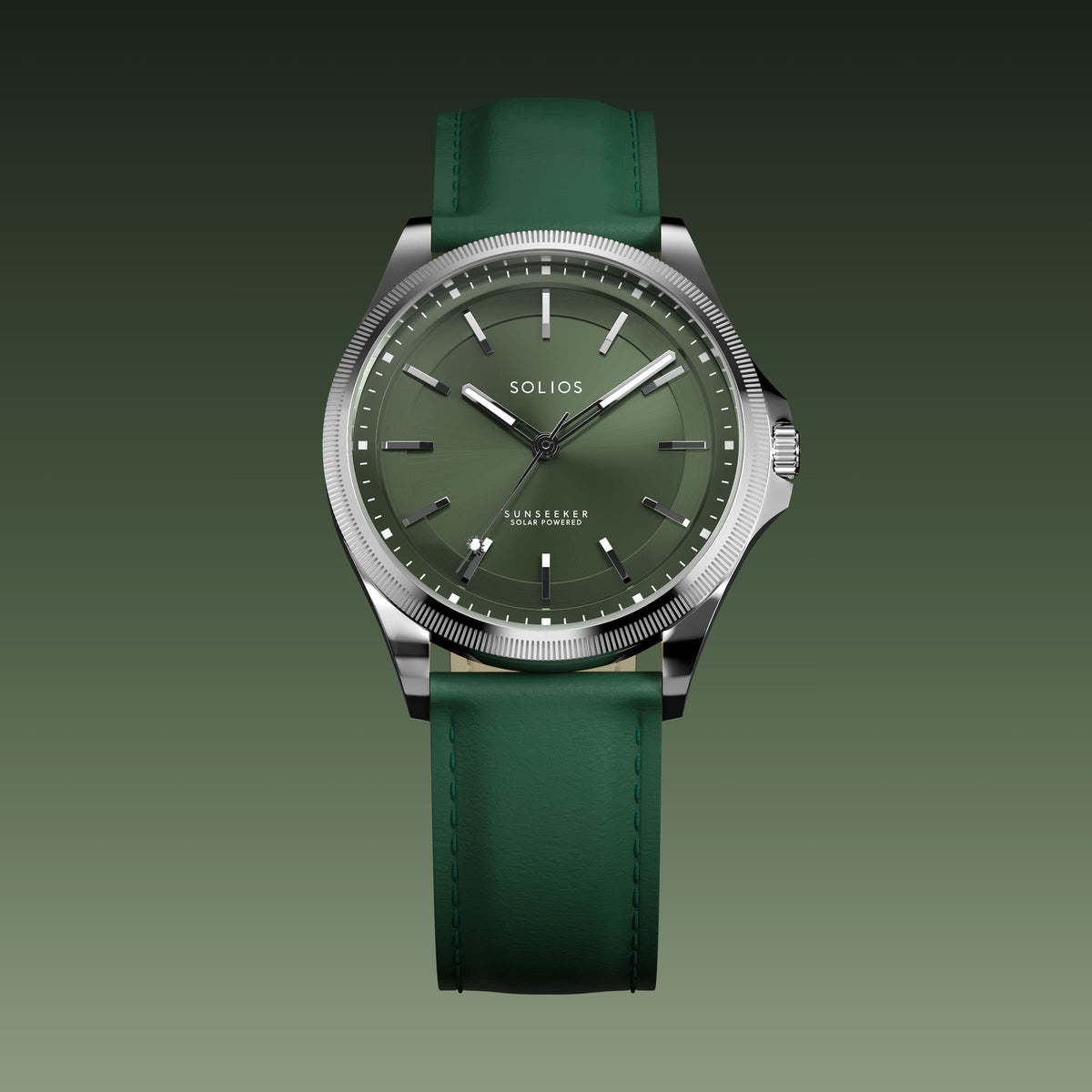 The Sunseeker 40mm solar watch from Solios, front view, green dial in a silver case on a green eco vegan leather strap