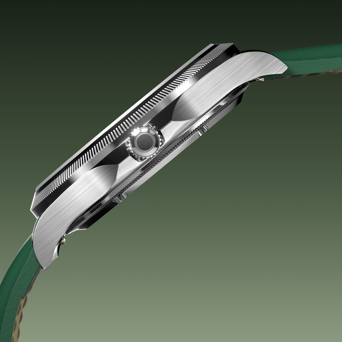 Side profile of the Sunseeker 40mm silver case showing the crown and ray-cut bezel, on a green eco vegan leather strap