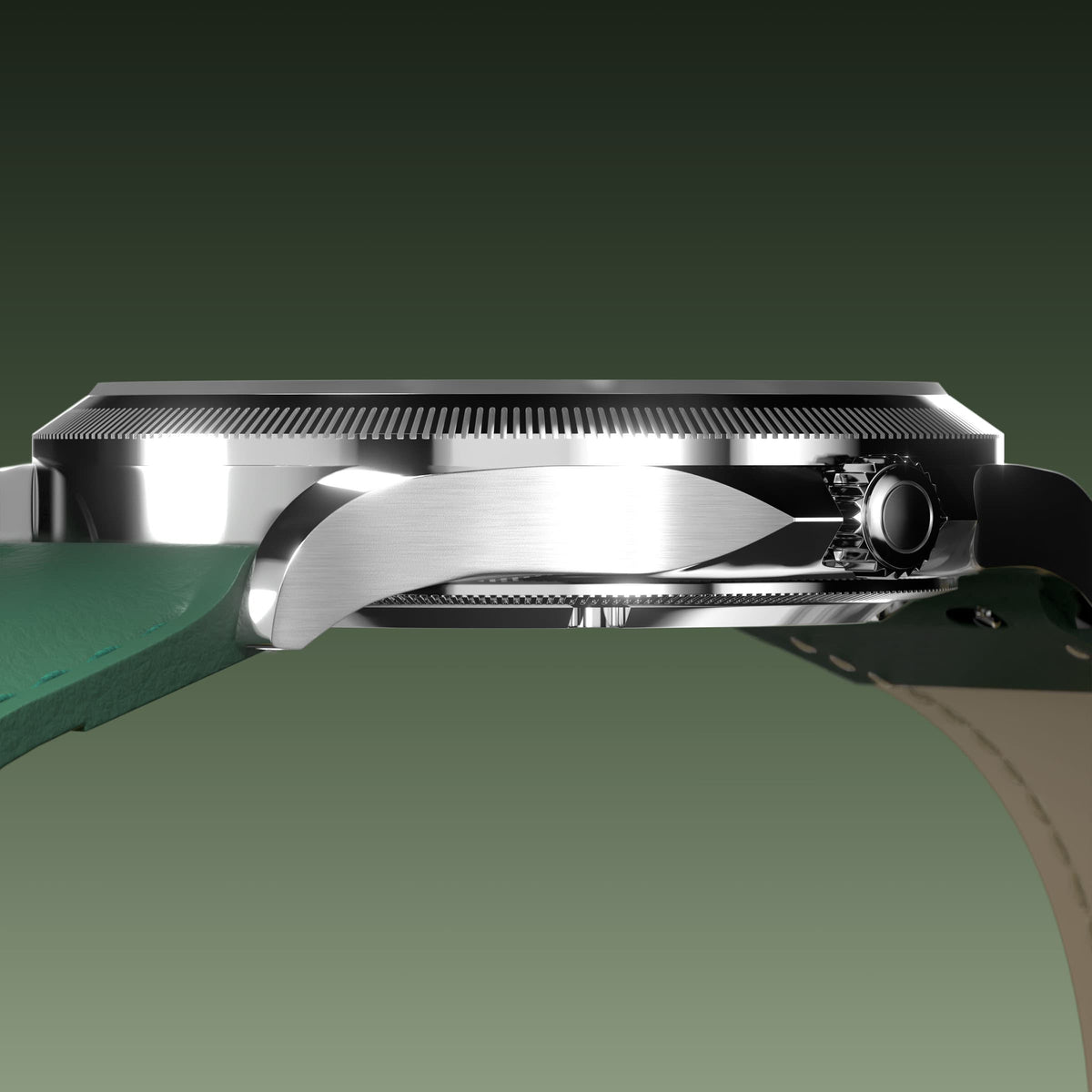 Low-angle view of the Sunseeker 40mm silver case and crown with a green eco vegan leather strap