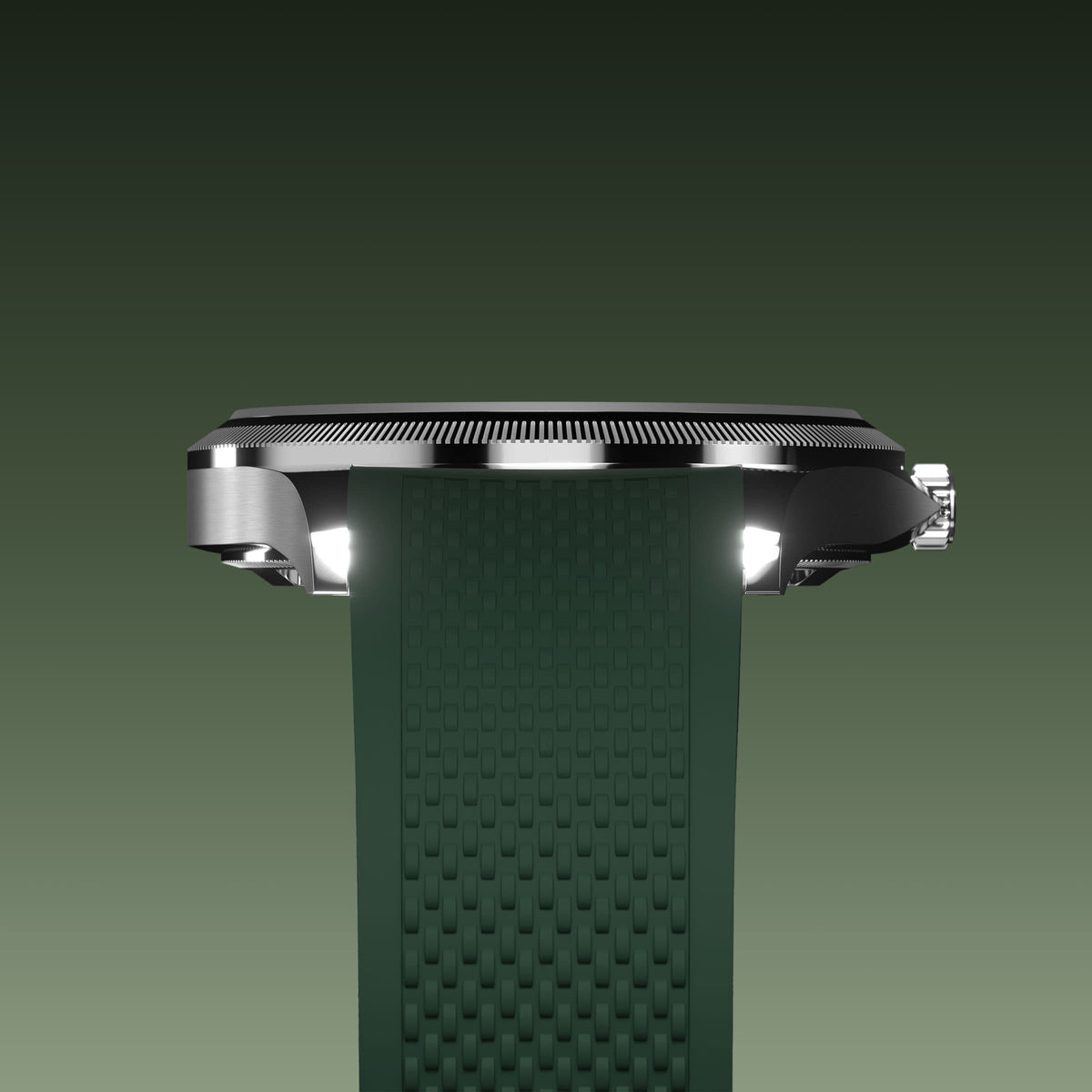Underside view of the Sunseeker 40mm silver case and the clasp of a green natural rubber strap