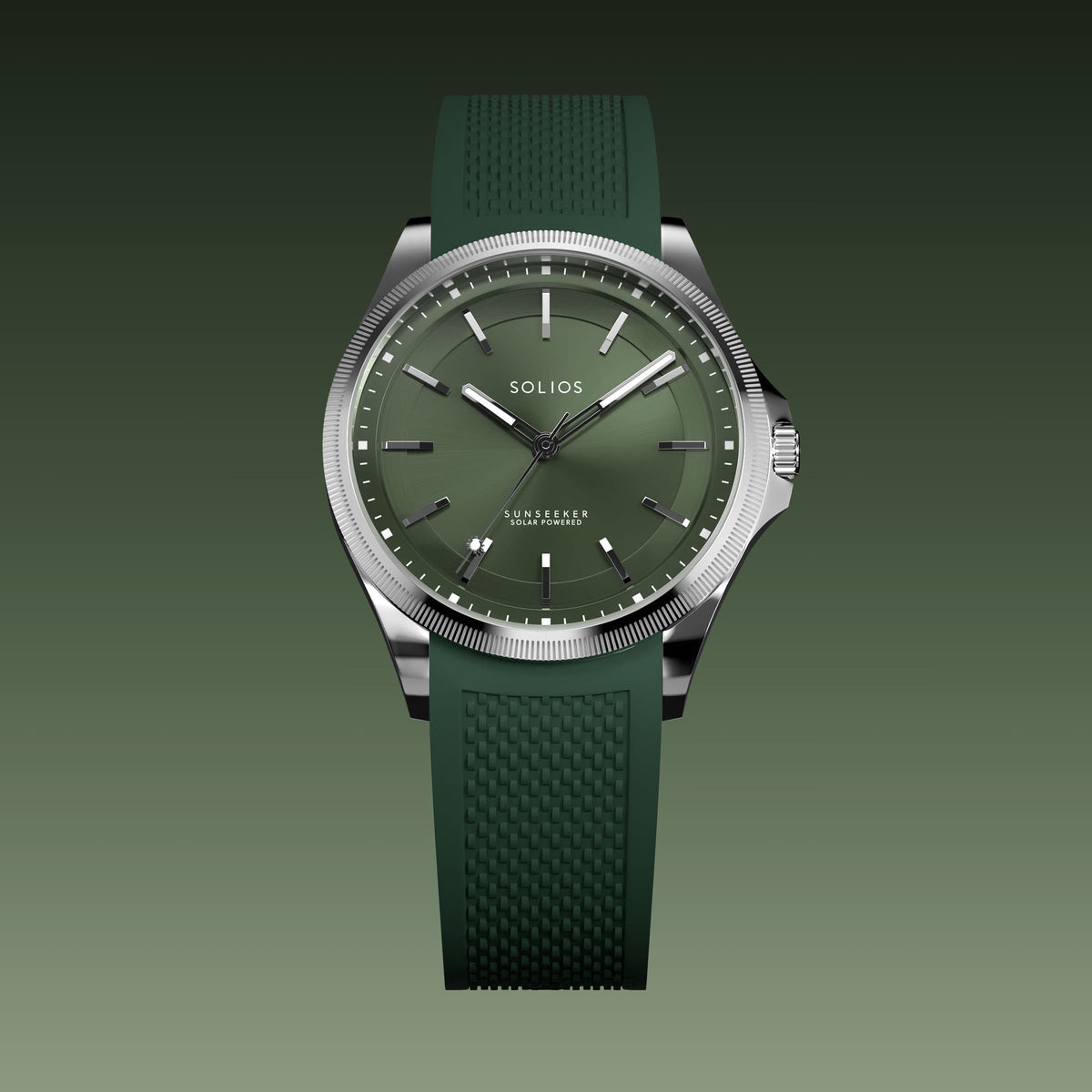 The Sunseeker 40mm solar watch from Solios, front view, green dial in a silver case on a green natural rubber strap