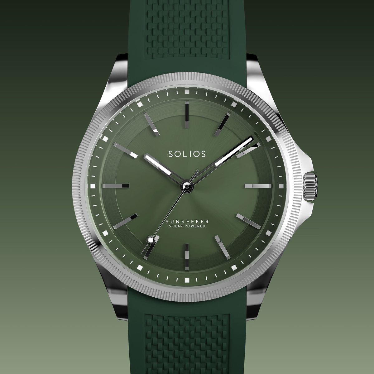 Close front view of the Sunseeker 40mm green dial and silver case on a green natural rubber strap