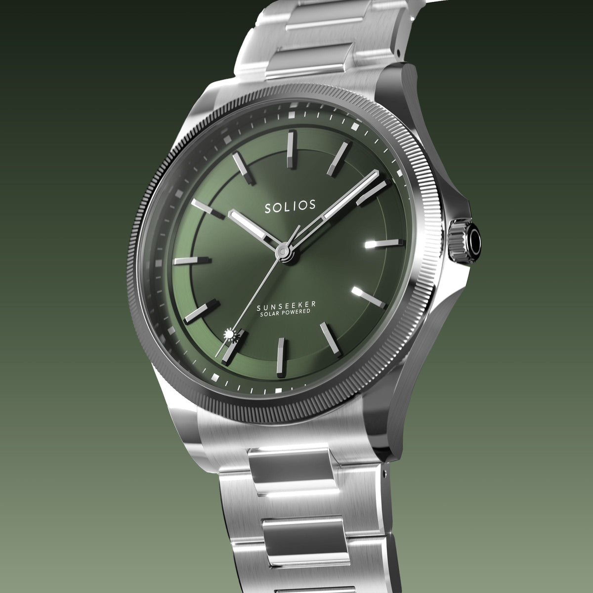Angled view of the Sunseeker 40mm solar watch, green dial and silver case on a silver metal link bracelet