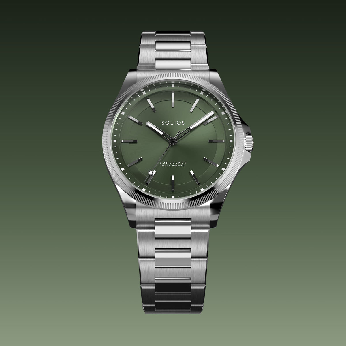 The Sunseeker 40mm solar watch from Solios, front view, green dial in a silver case on a silver metal link bracelet