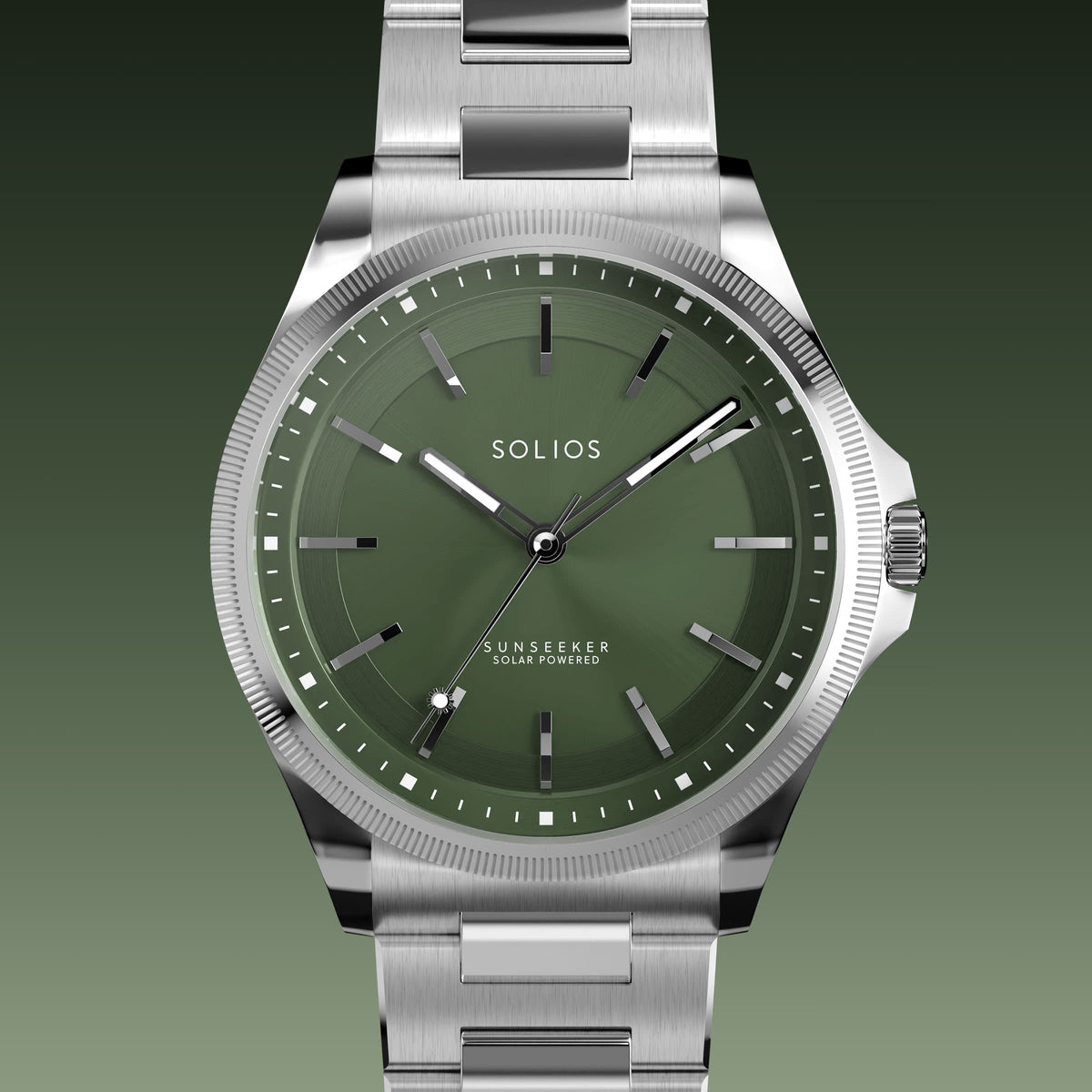Close front view of the Sunseeker 40mm green dial and silver case on a silver metal link bracelet