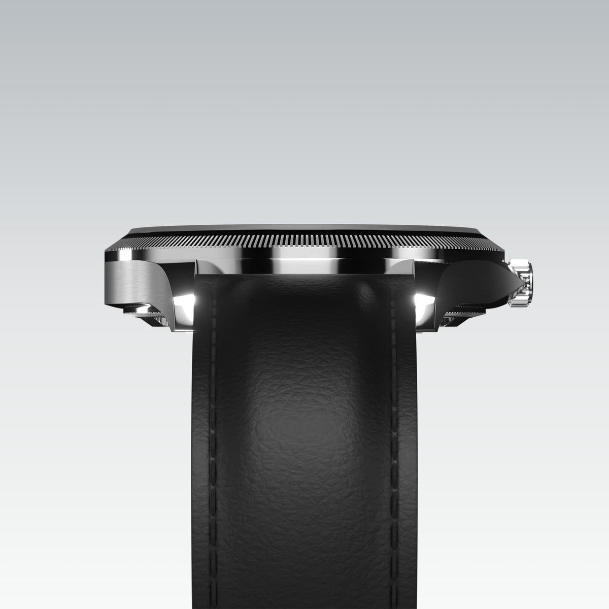 Underside view of the Sunseeker 40mm silver case and the clasp of a black eco vegan leather strap