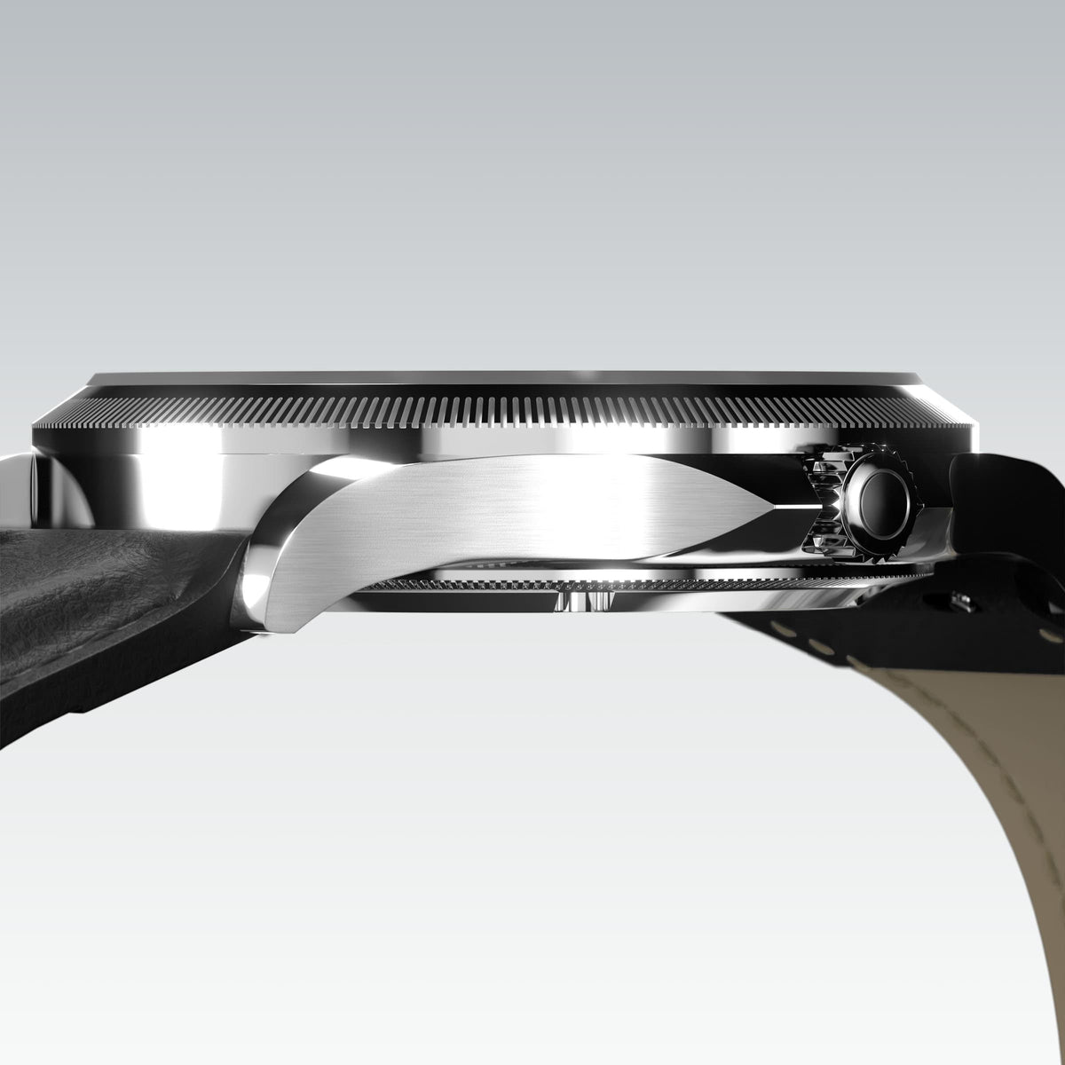 Low-angle view of the Sunseeker 40mm silver case and crown with a black eco vegan leather strap